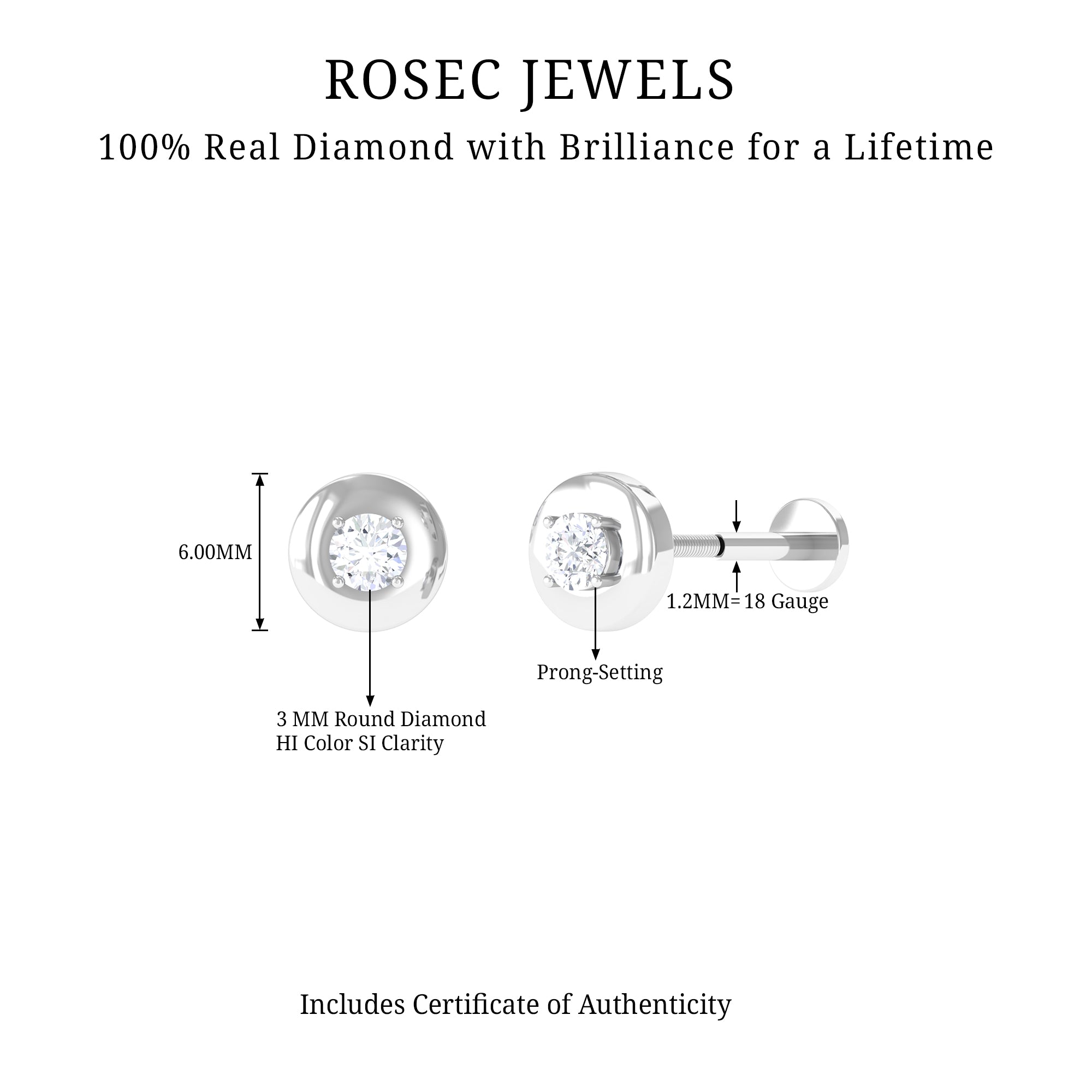 Classic Diamond Solitaire Helix Piercing Earring Natural - ( HI-SI ) - Rosec Jewels