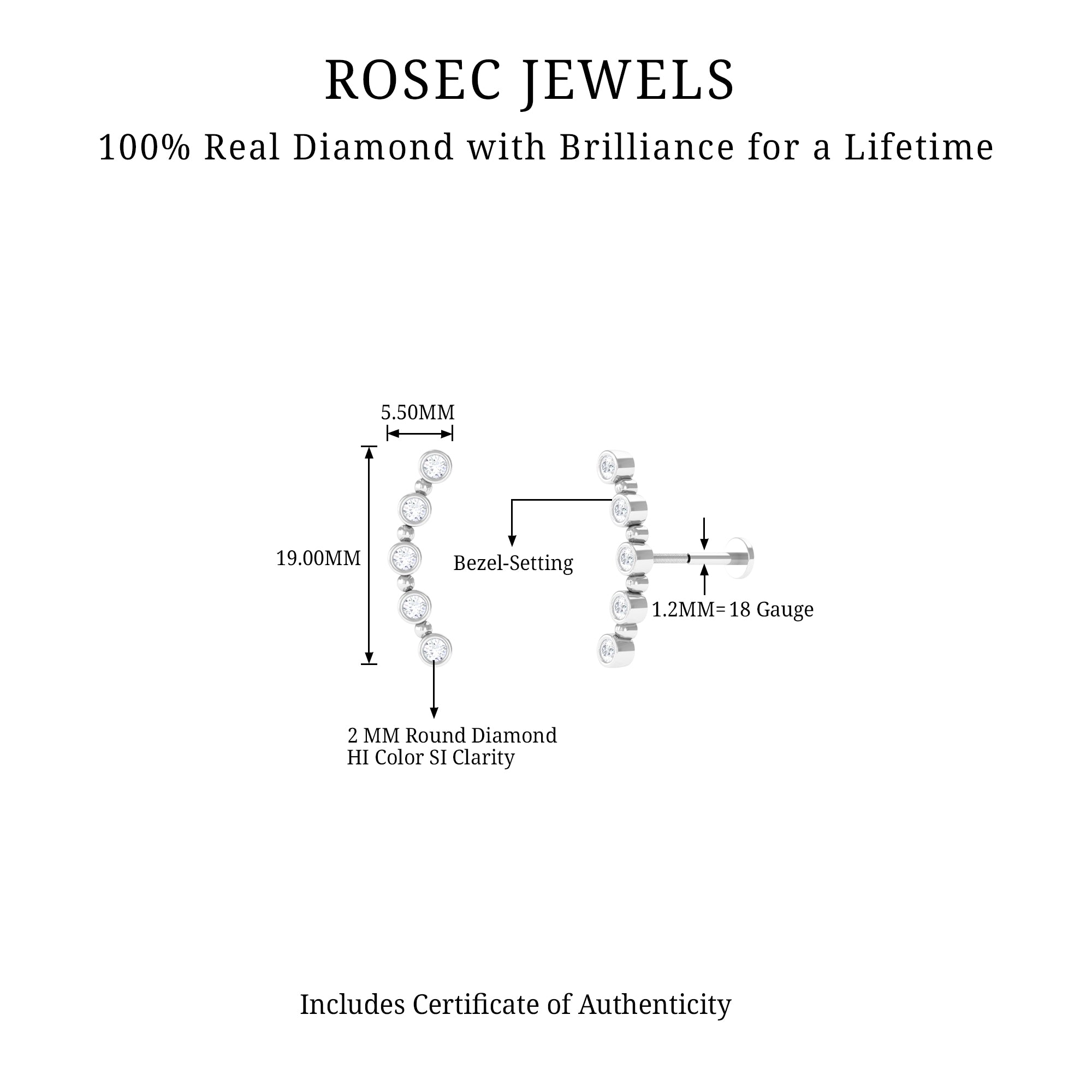 Bezel Set Diamond Crawler Earring for Cartilage Piercing Natural - ( HI-SI ) - Rosec Jewels