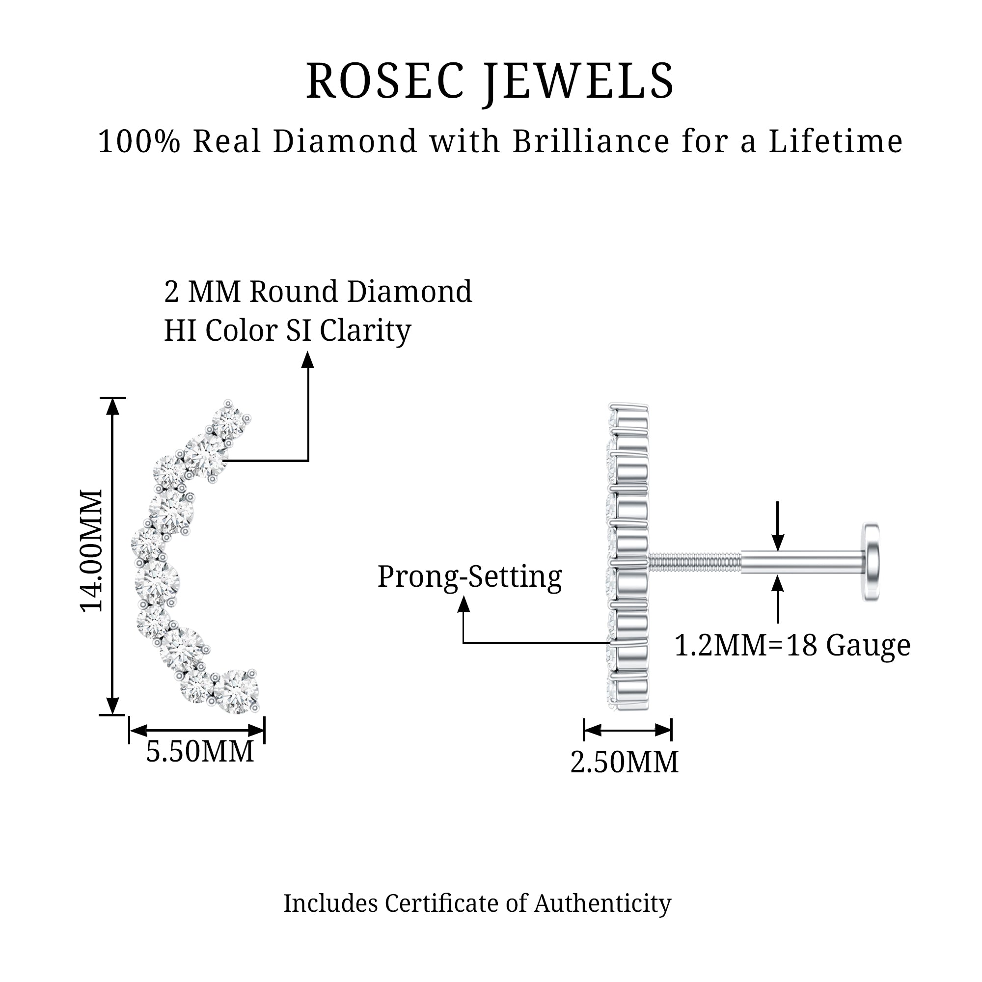 Certified Diamond Curved Crawler Earring for Women Natural - ( HI-SI ) - Rosec Jewels