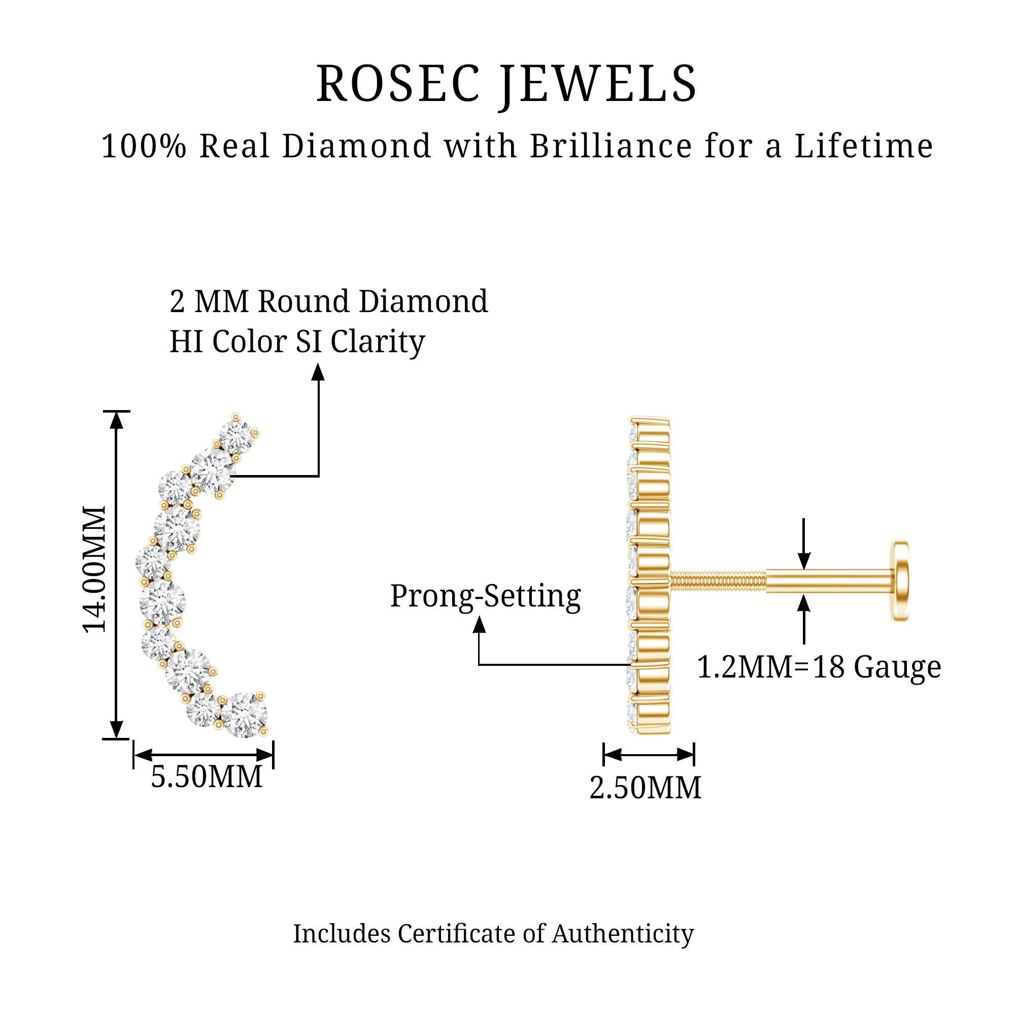 Certified Diamond Curved Crawler Earring for Women Natural - ( HI-SI ) - Rosec Jewels