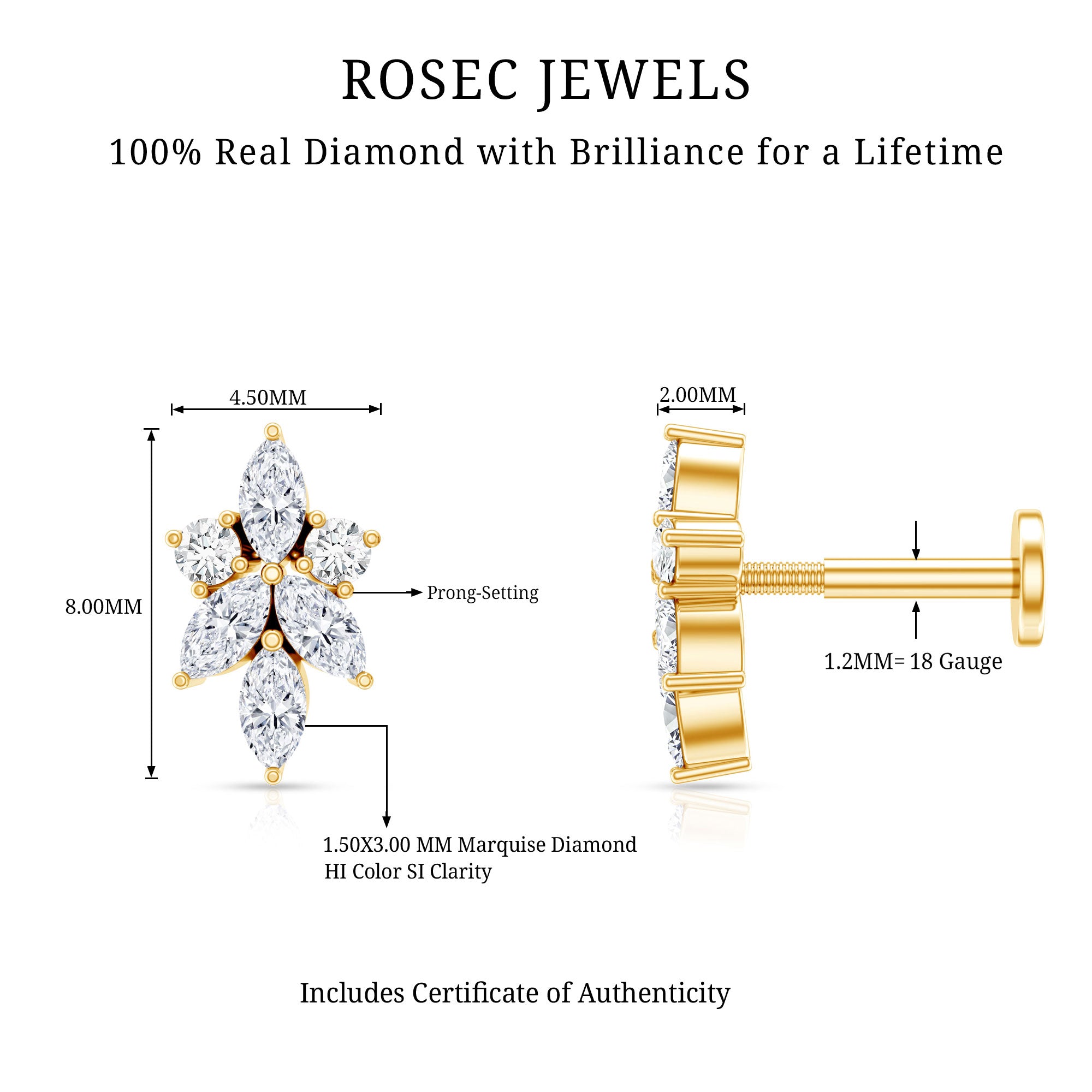 Marquise Diamond Cluster Flower Earring with Flat Back Natural - ( HI-SI ) - Rosec Jewels