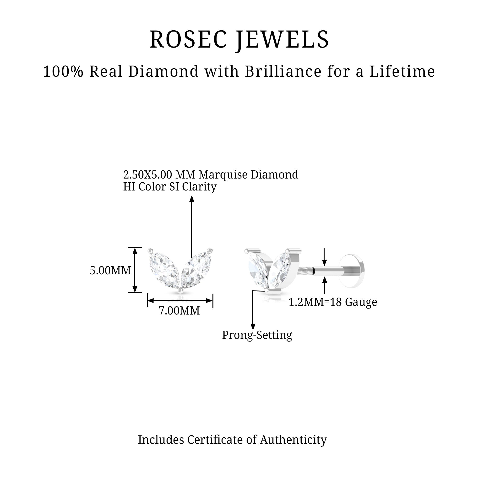 Marquise Diamond Two Stone Earring for Tragus Piercing Natural - ( HI-SI ) - Rosec Jewels