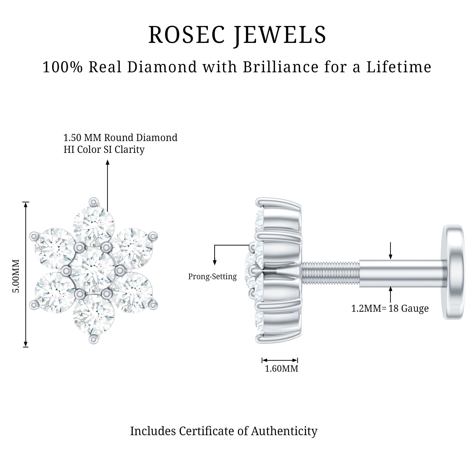 Simple Diamond Flower Cartilage Earring Natural - ( HI-SI ) - Rosec Jewels