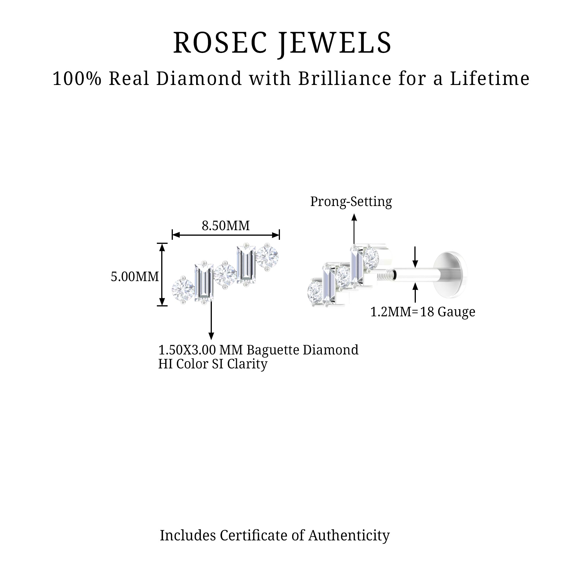 Baguette Shape Diamond Cartilage Piercing Earring Natural - ( HI-SI ) - Rosec Jewels