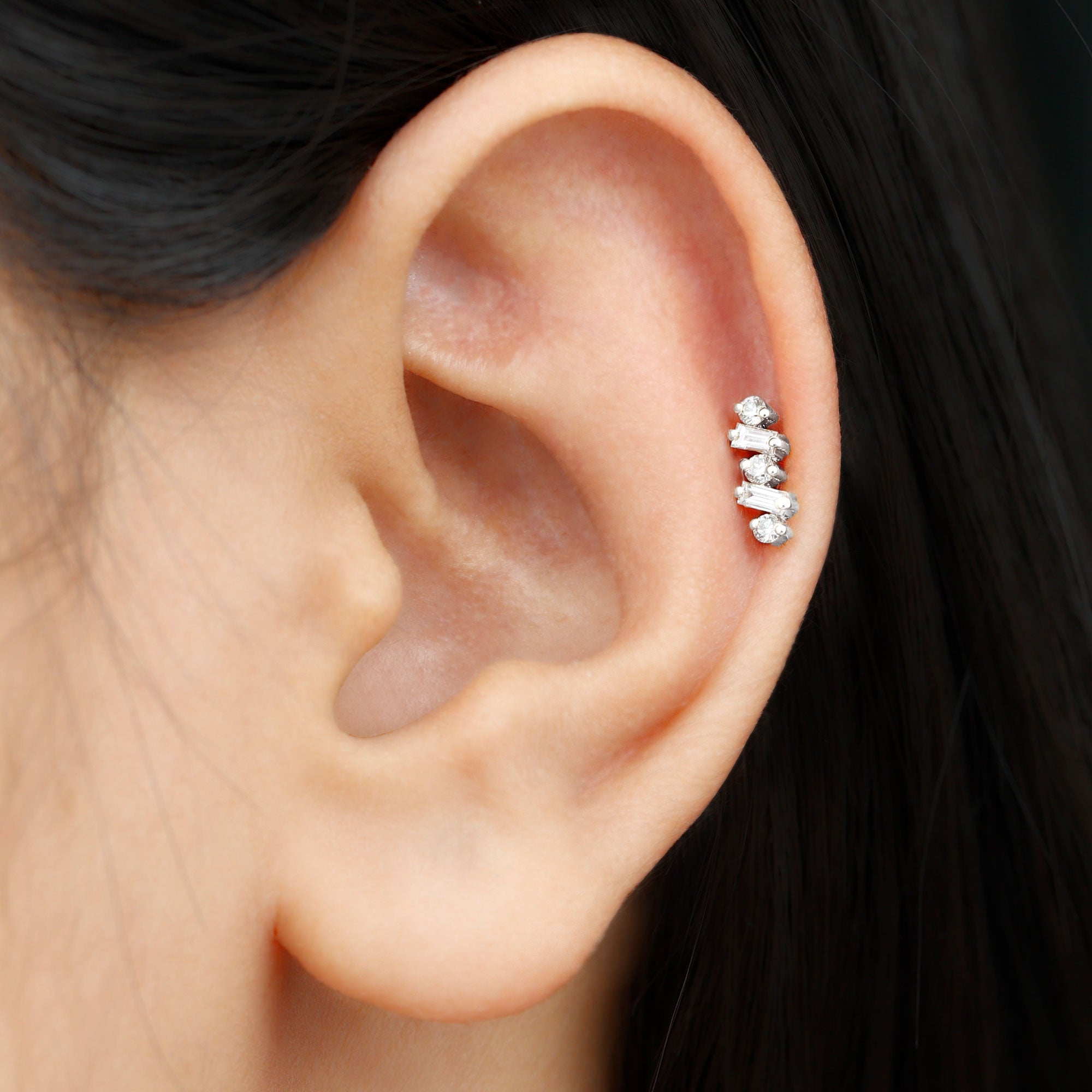 Baguette Shape Diamond Cartilage Piercing Earring Natural - ( HI-SI ) - Rosec Jewels