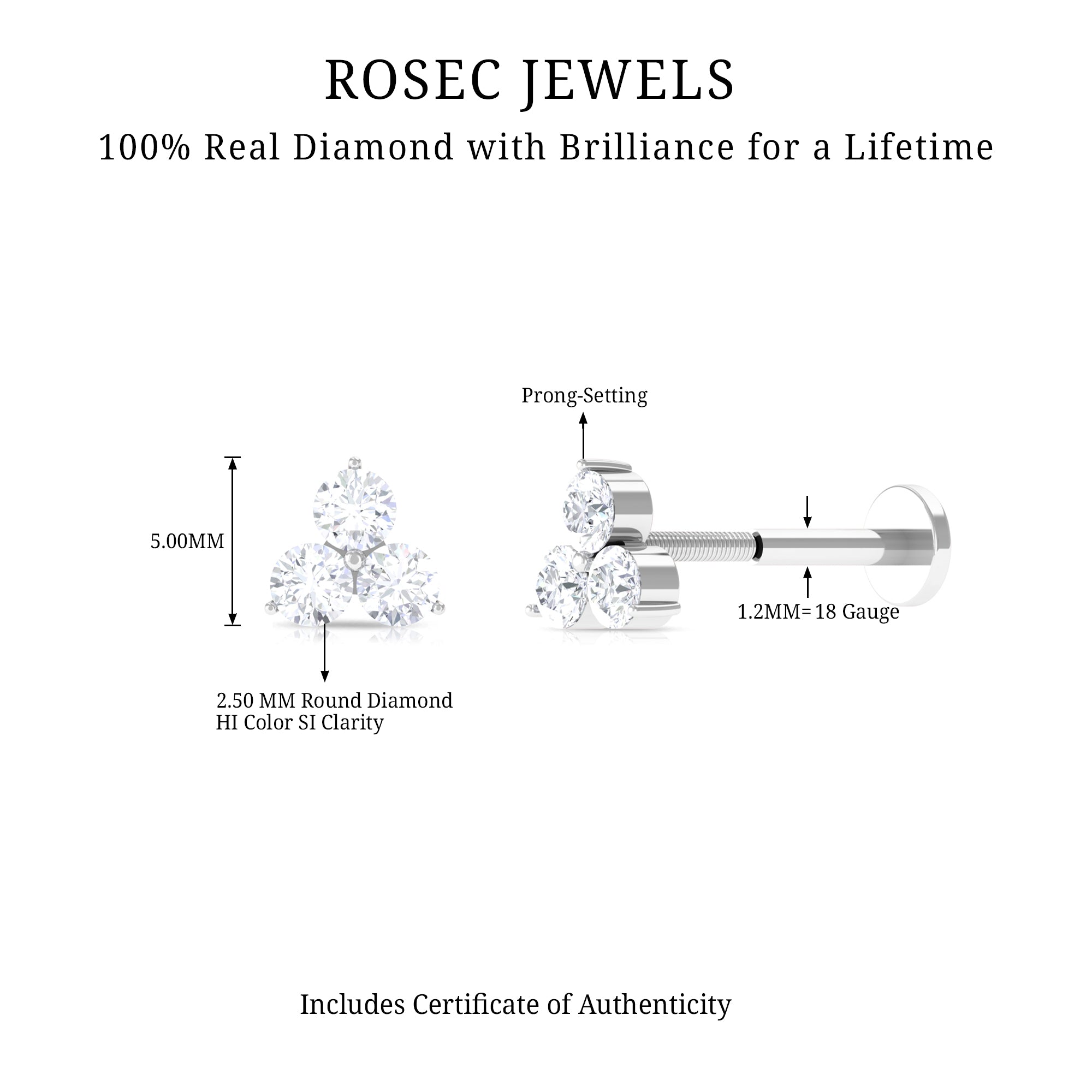 Dainty Diamond Trio Earring for Helix Piercing Natural - ( HI-SI ) - Rosec Jewels