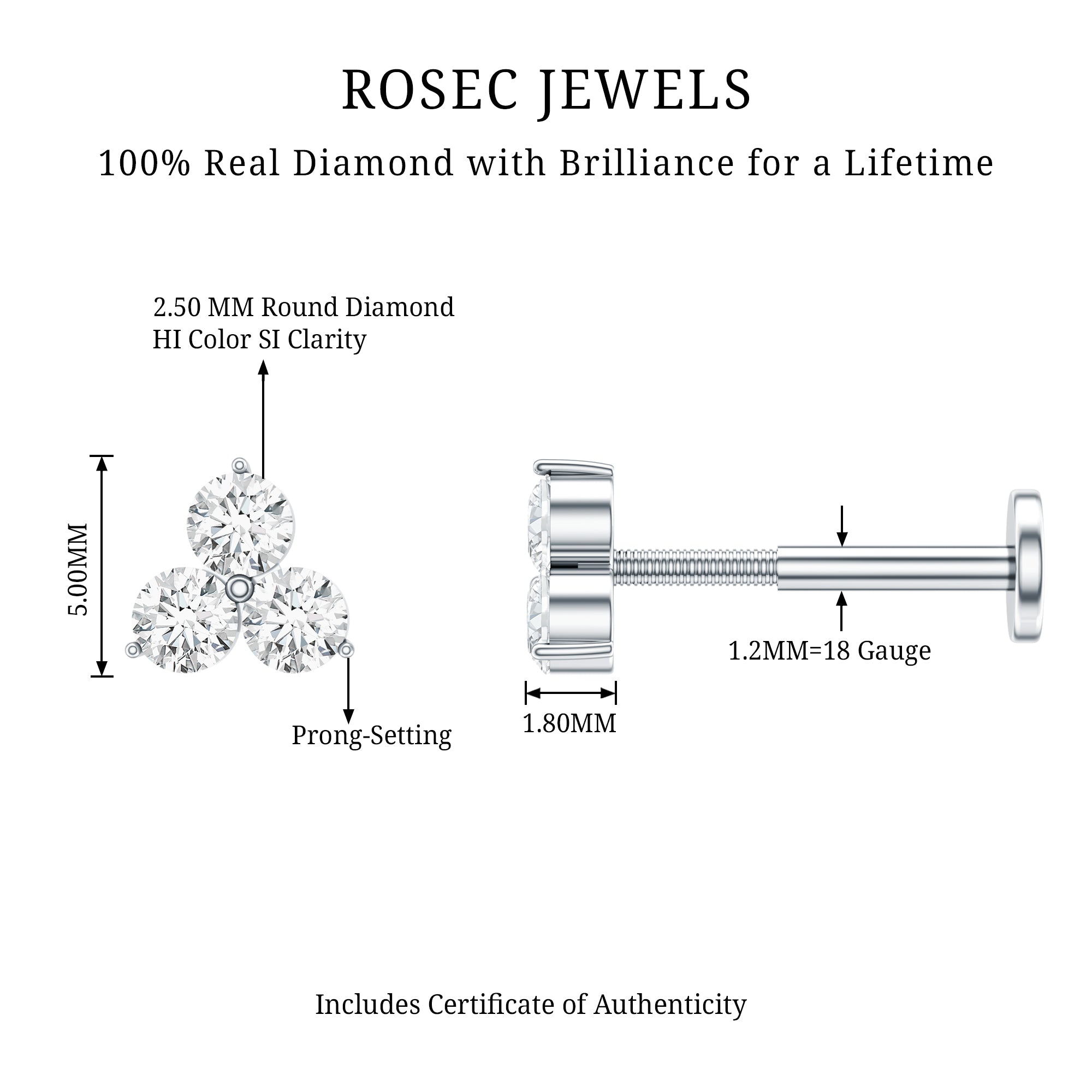 Dainty Diamond Trio Earring for Helix Piercing Natural - ( HI-SI ) - Rosec Jewels