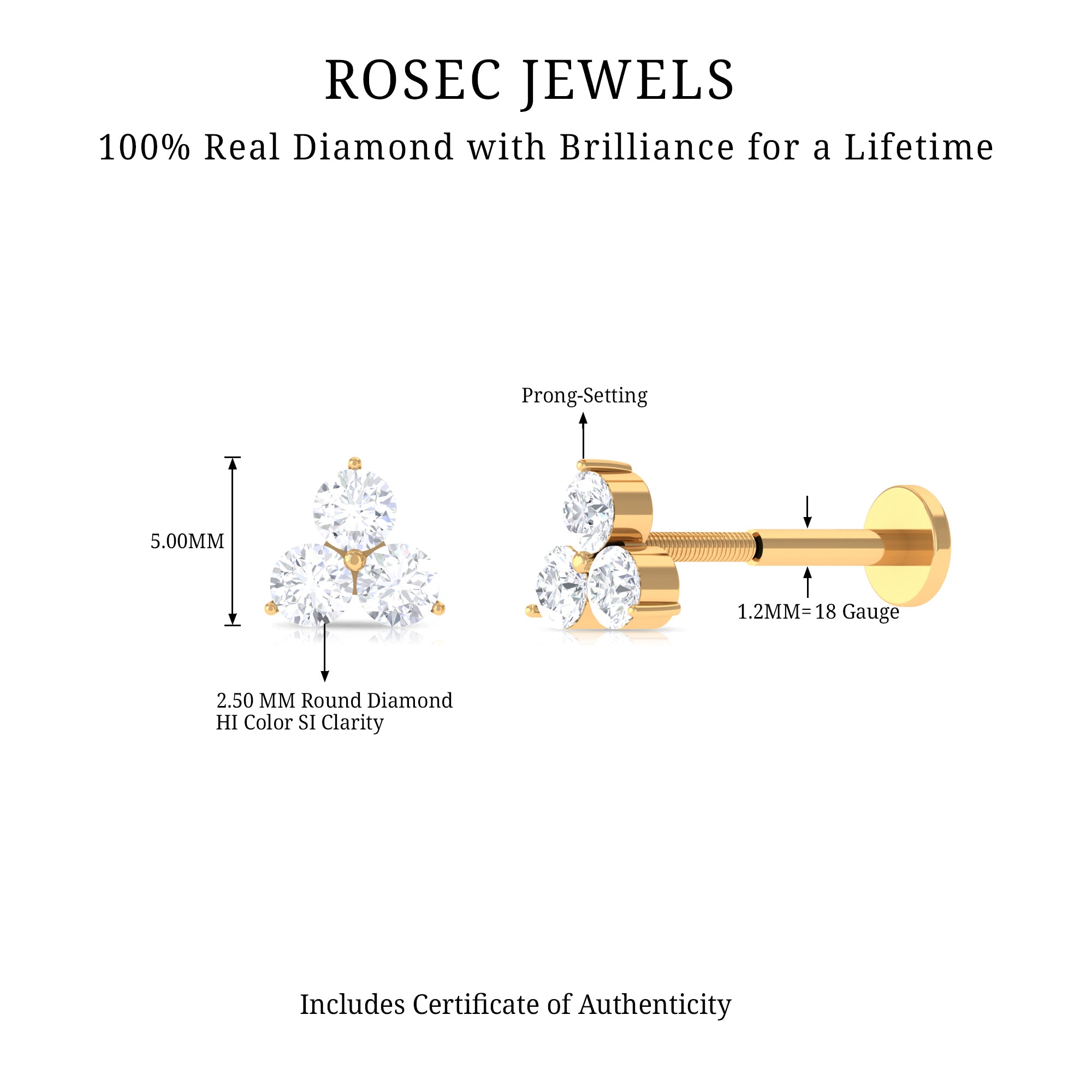 Dainty Diamond Trio Earring for Helix Piercing Natural - ( HI-SI ) - Rosec Jewels