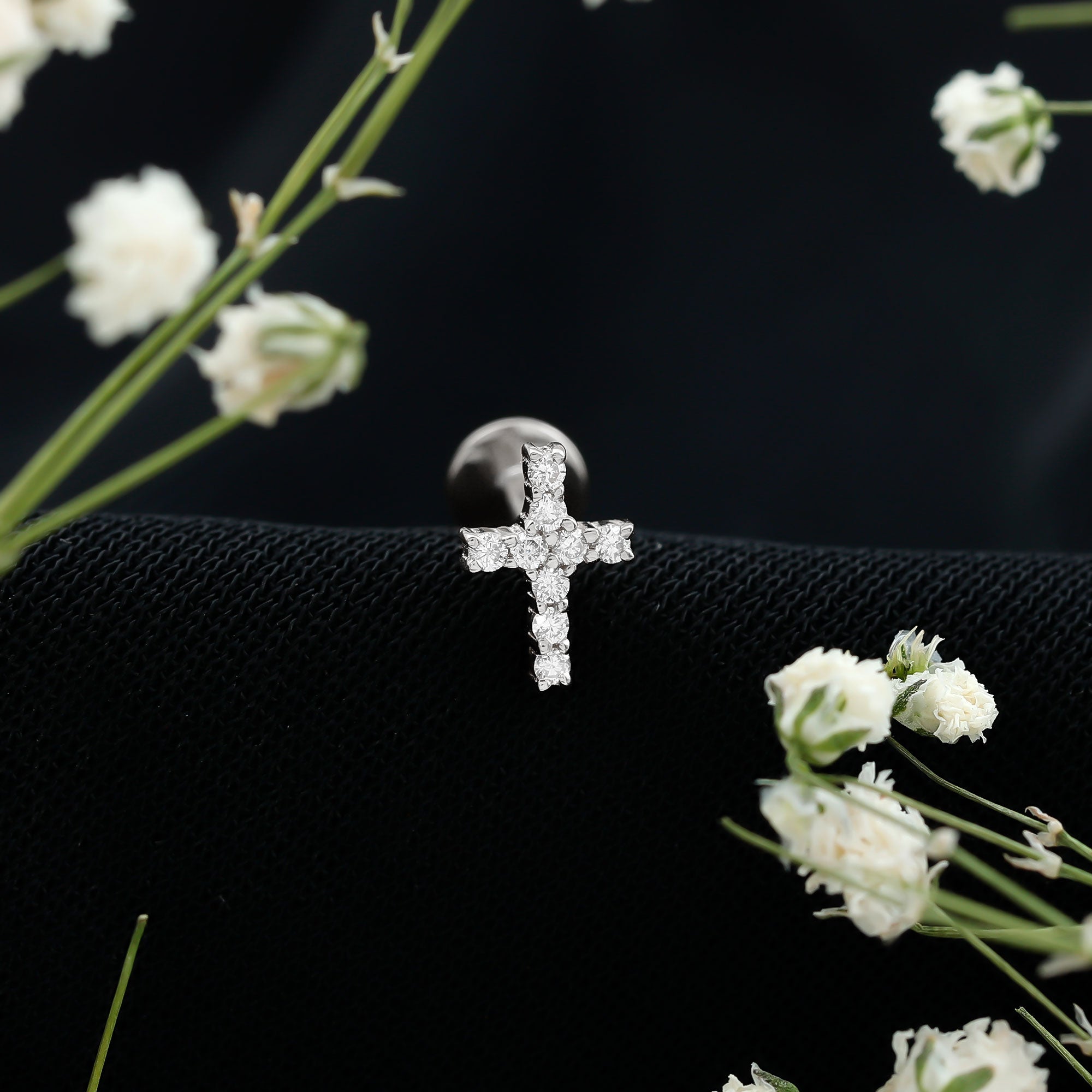 Minimalist Diamond Cross Cartilage Earring Natural - ( HI-SI ) - Rosec Jewels
