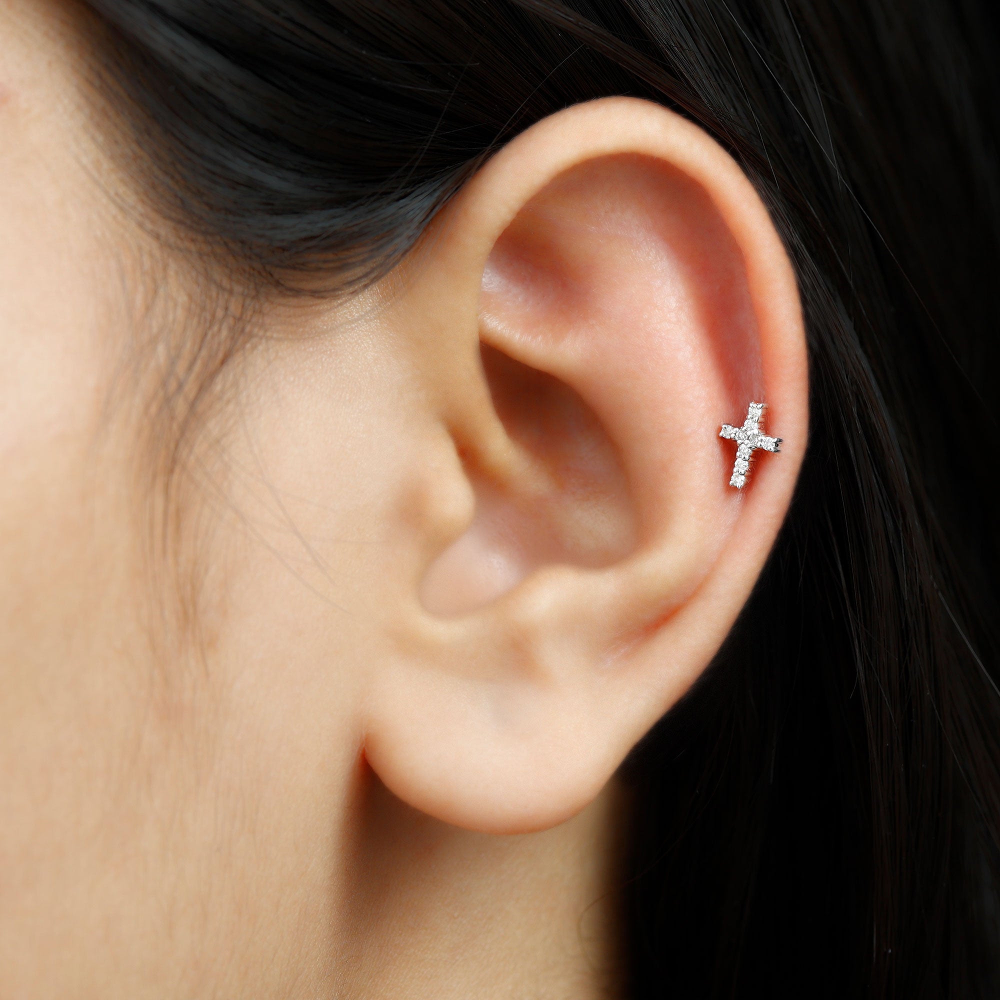 Minimalist Diamond Cross Cartilage Earring Natural - ( HI-SI ) - Rosec Jewels