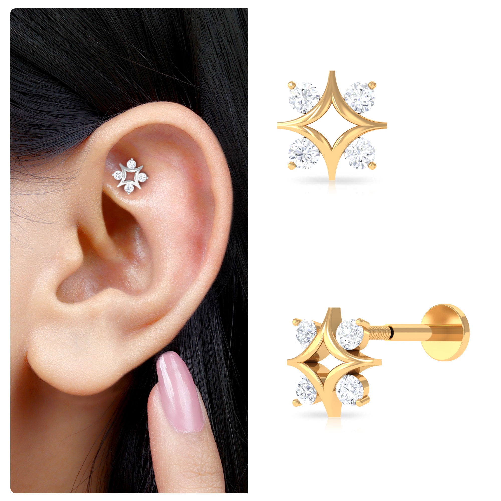 Round Cut Diamond Star Earring for Helix Piercing Natural - ( HI-SI ) - Rosec Jewels