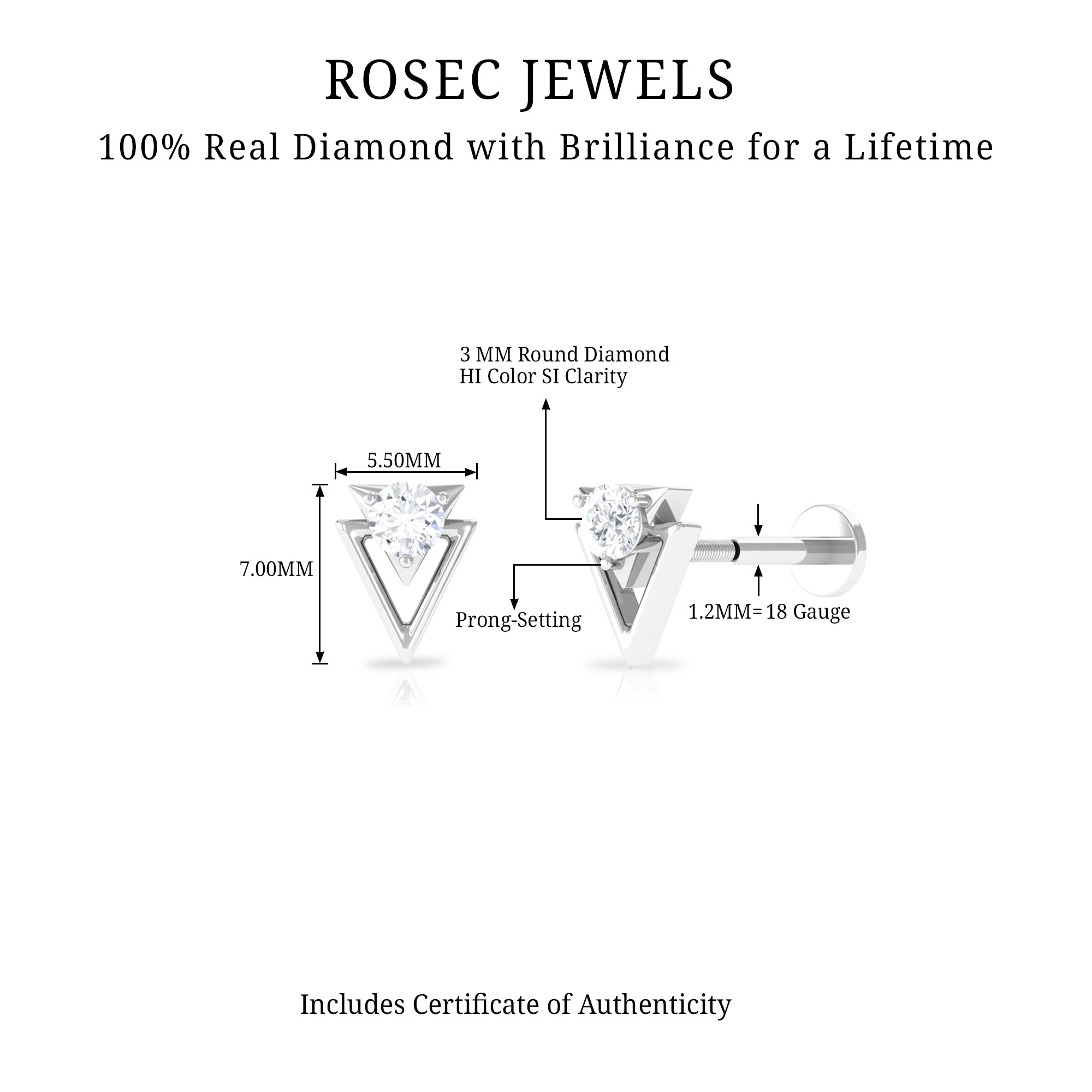 Simple Diamond Solitaire Triangle Cartilage Earring Natural - ( HI-SI ) - Rosec Jewels