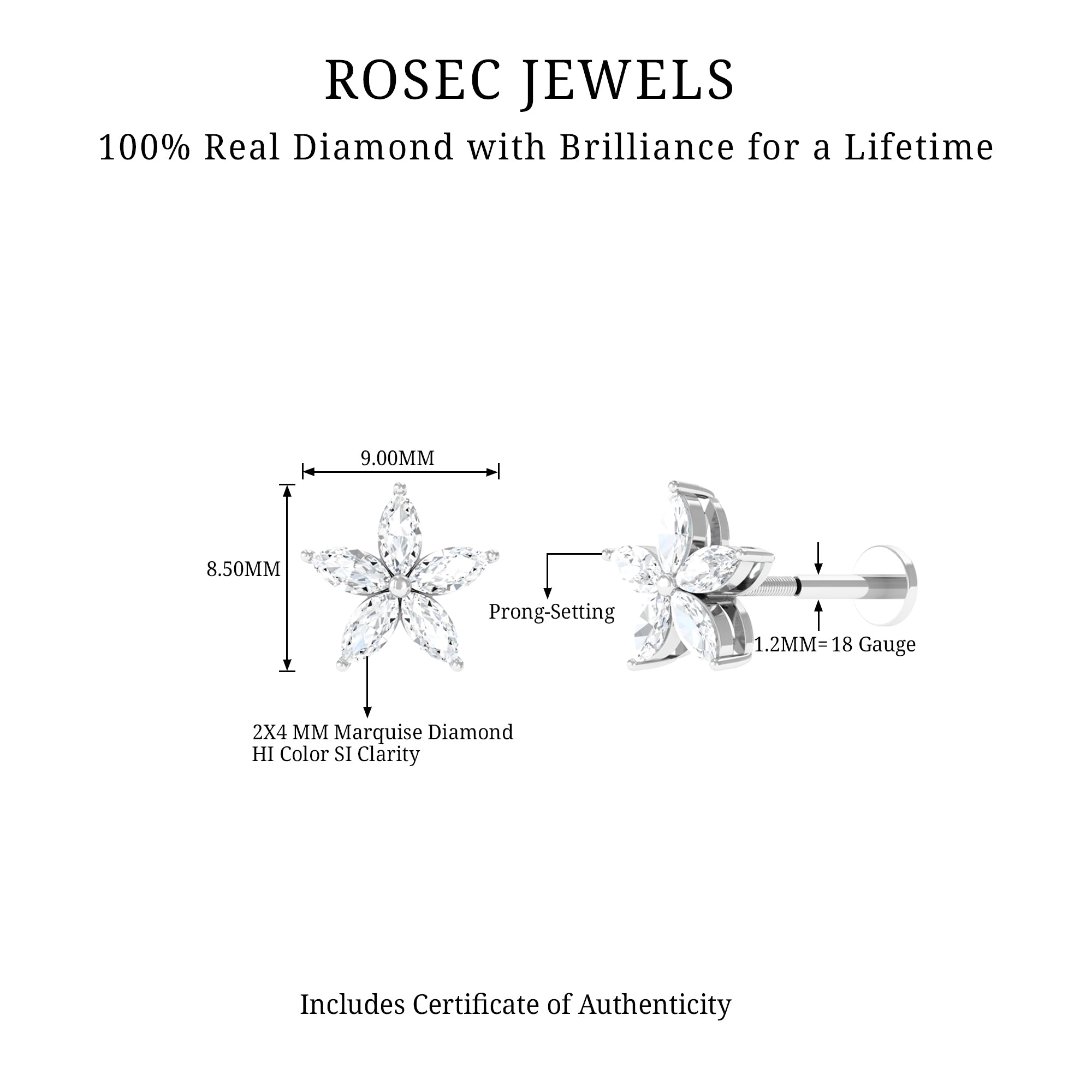 Marquise Diamond Floral Upper Lobe Earring Natural - ( HI-SI ) - Rosec Jewels