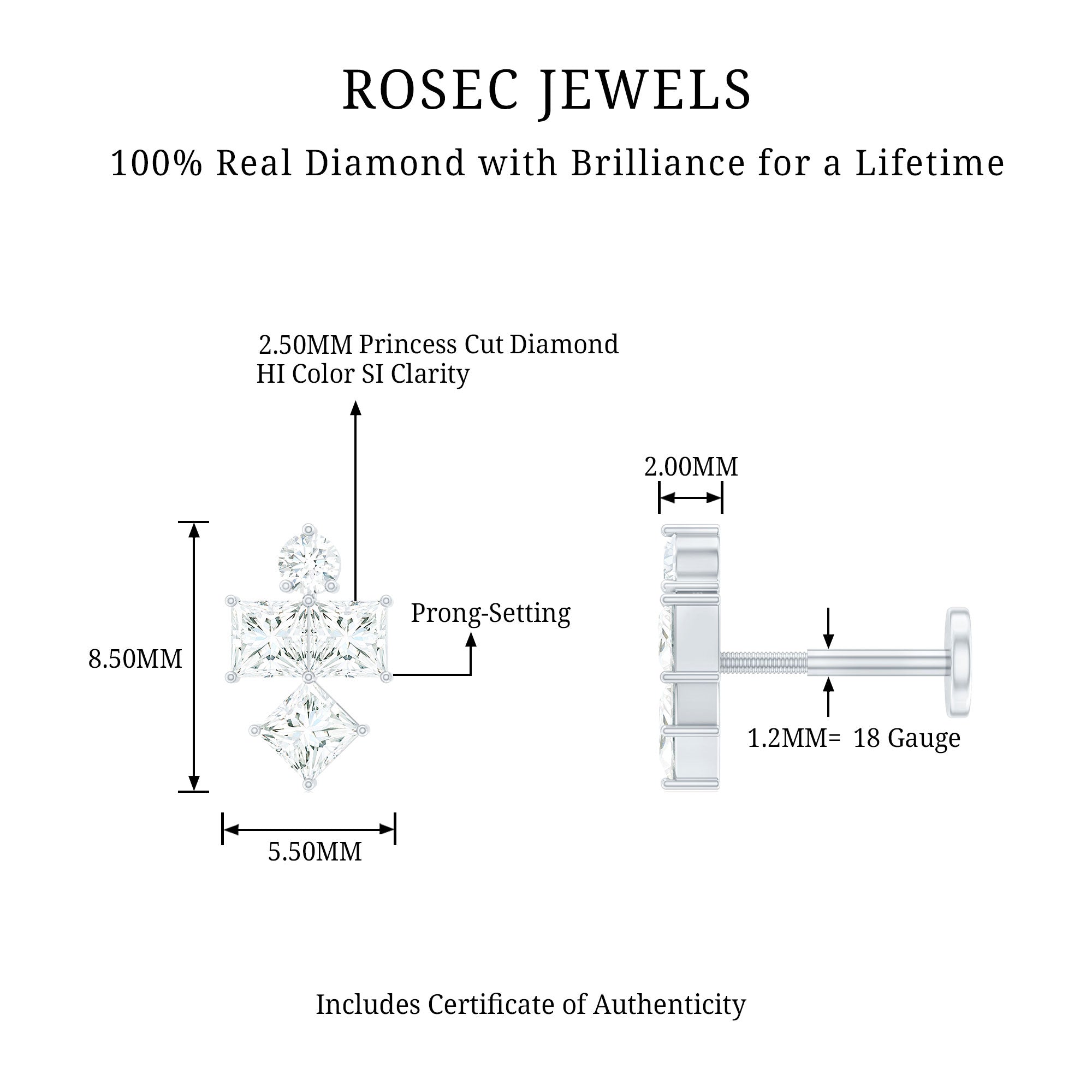 Princess Cut Diamond Helix Piercing Earring for Women Natural - ( HI-SI ) - Rosec Jewels