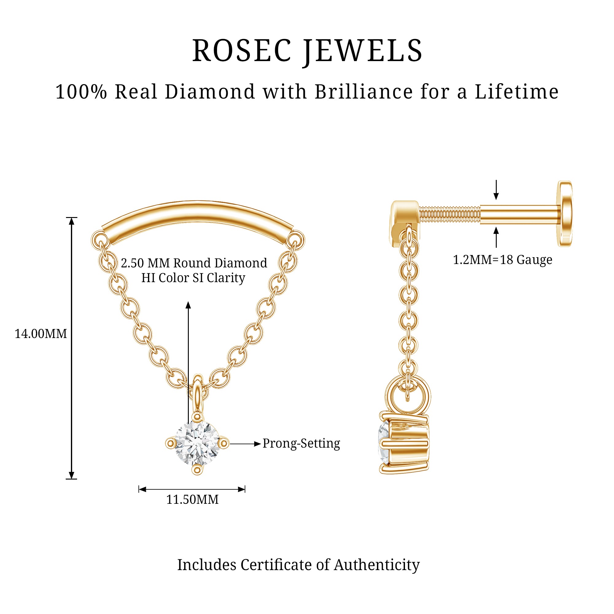 Single Diamond Hidden Helix Earring with Chain Natural - ( HI-SI ) - Rosec Jewels