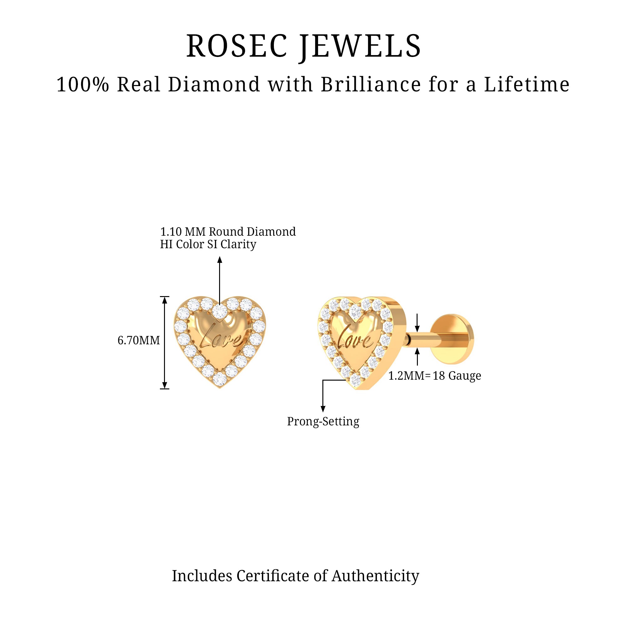 Cute Diamond Love Heart Earring for Helix Piercing Natural - ( HI-SI ) - Rosec Jewels