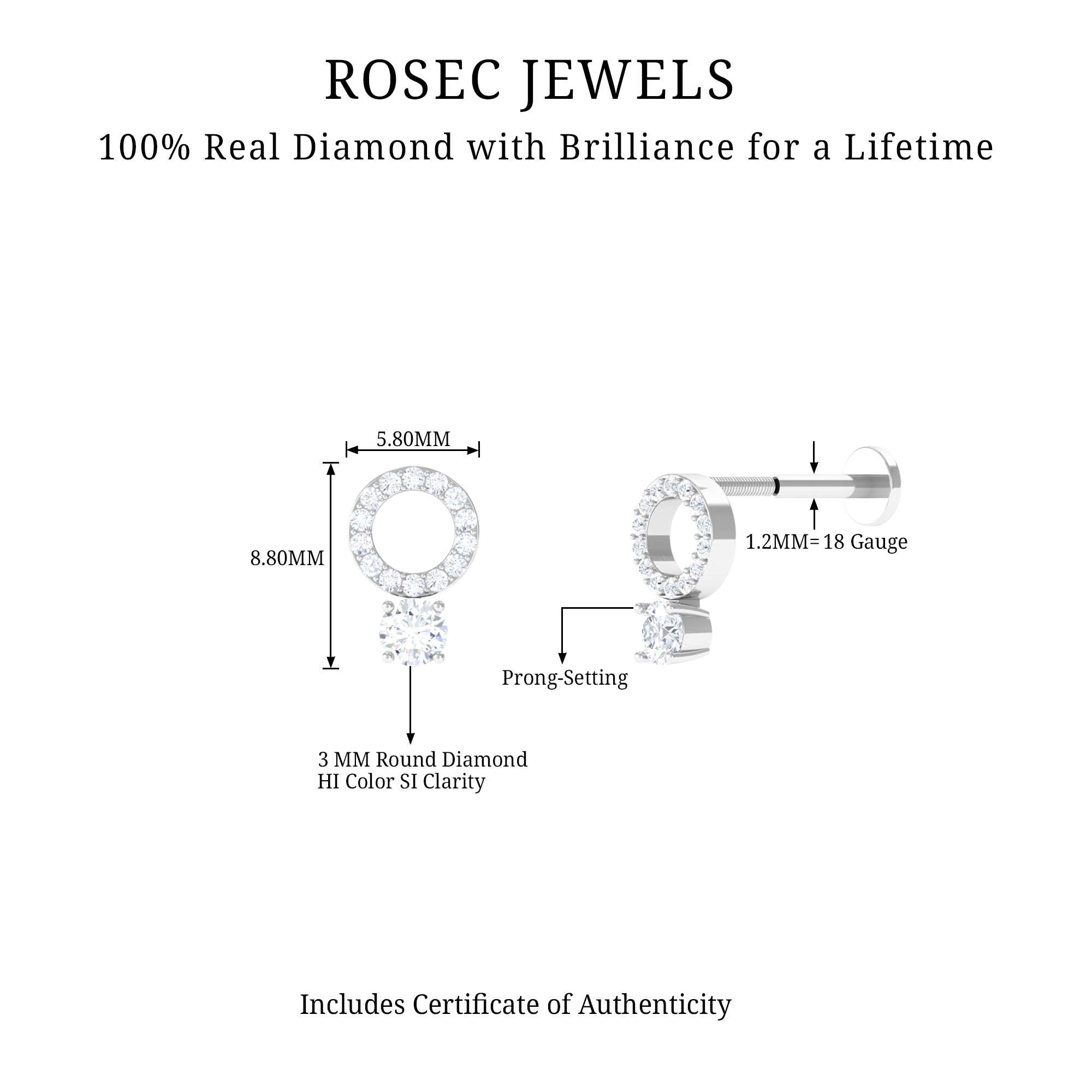 Minimalist Diamond Open Circle Helix Earring Natural - ( HI-SI ) - Rosec Jewels
