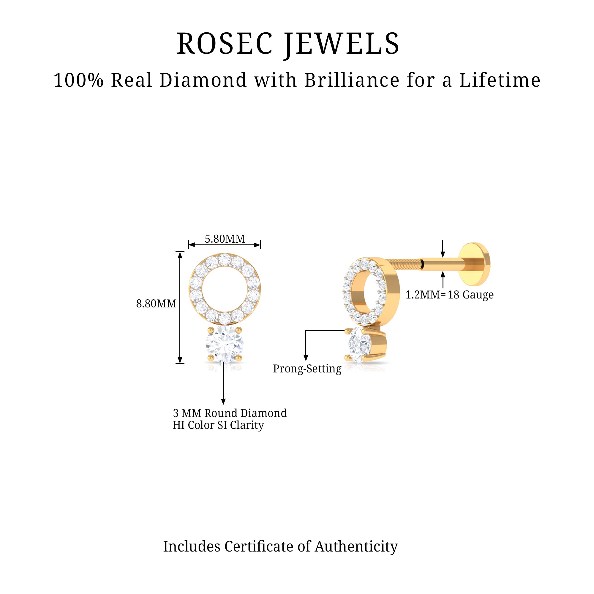 Minimalist Diamond Open Circle Helix Earring Natural - ( HI-SI ) - Rosec Jewels