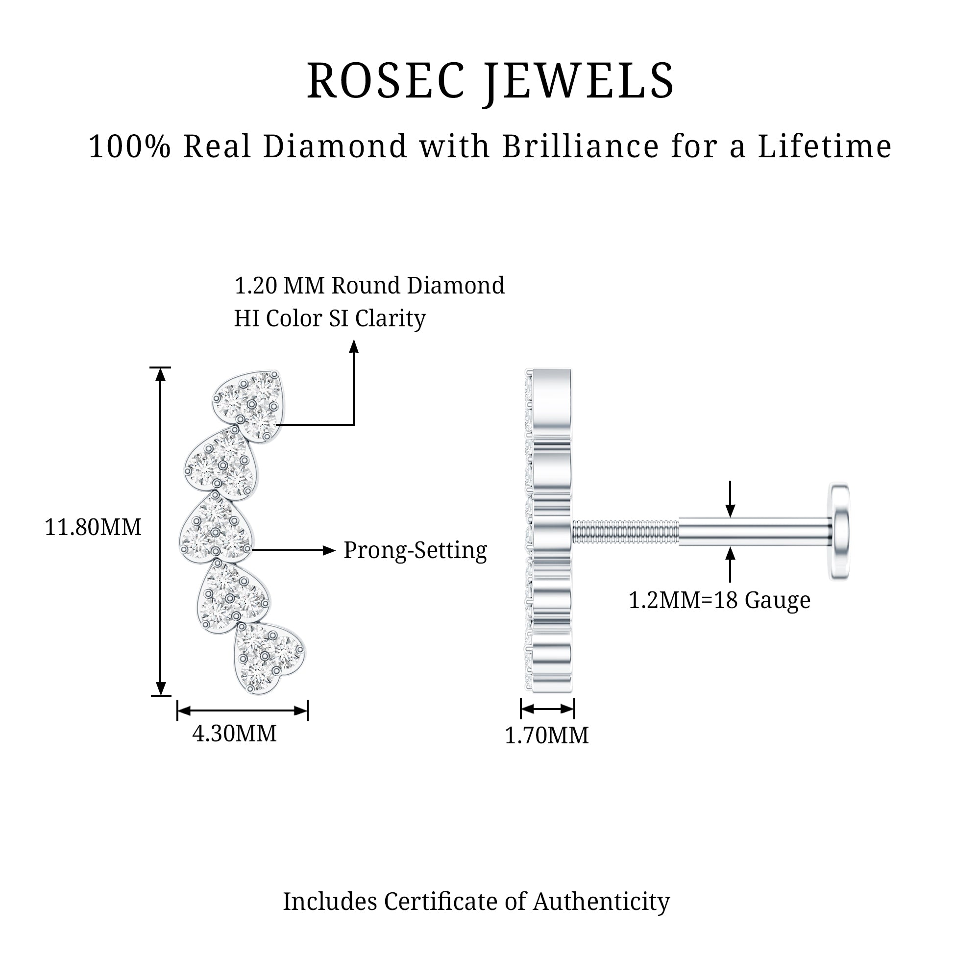 Diamond Heart Crawler Earring for Helix Piercing Natural - ( HI-SI ) - Rosec Jewels