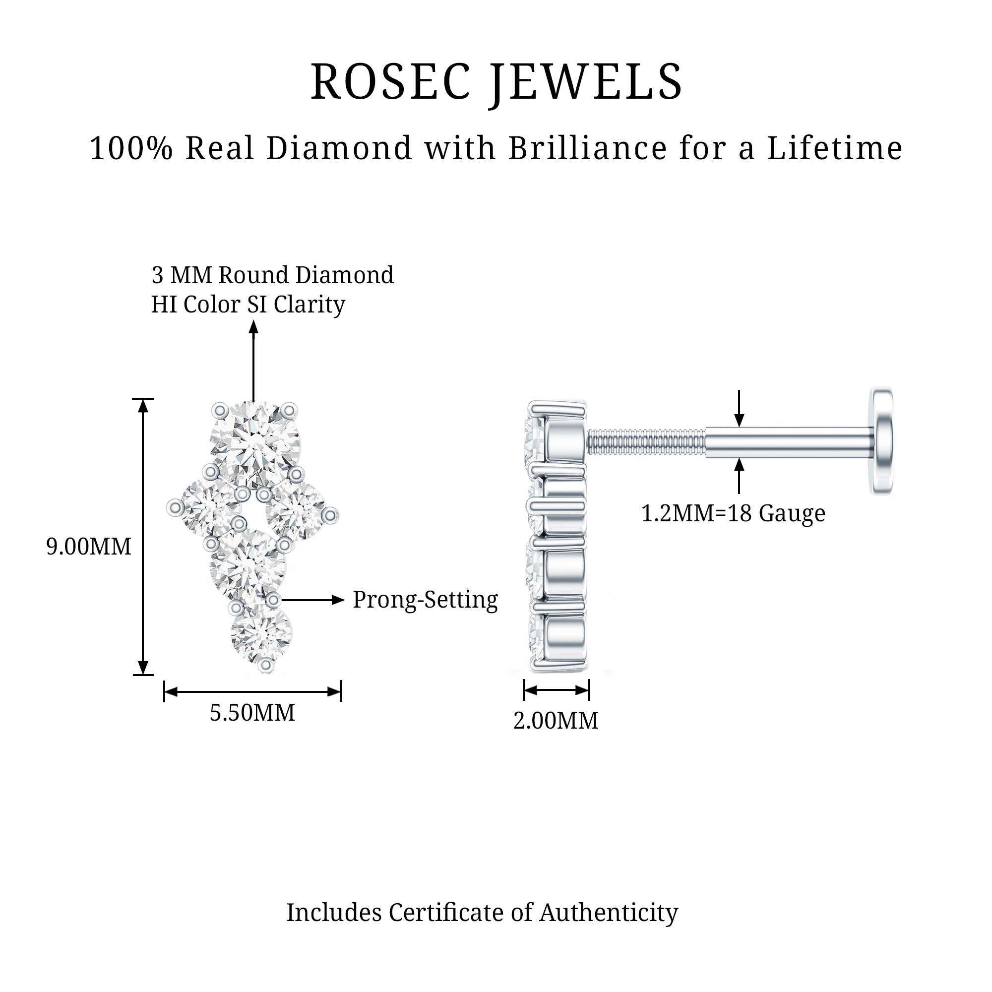 Certified Diamond Cluster Cartilage Piercing Earring Natural - ( HI-SI ) - Rosec Jewels