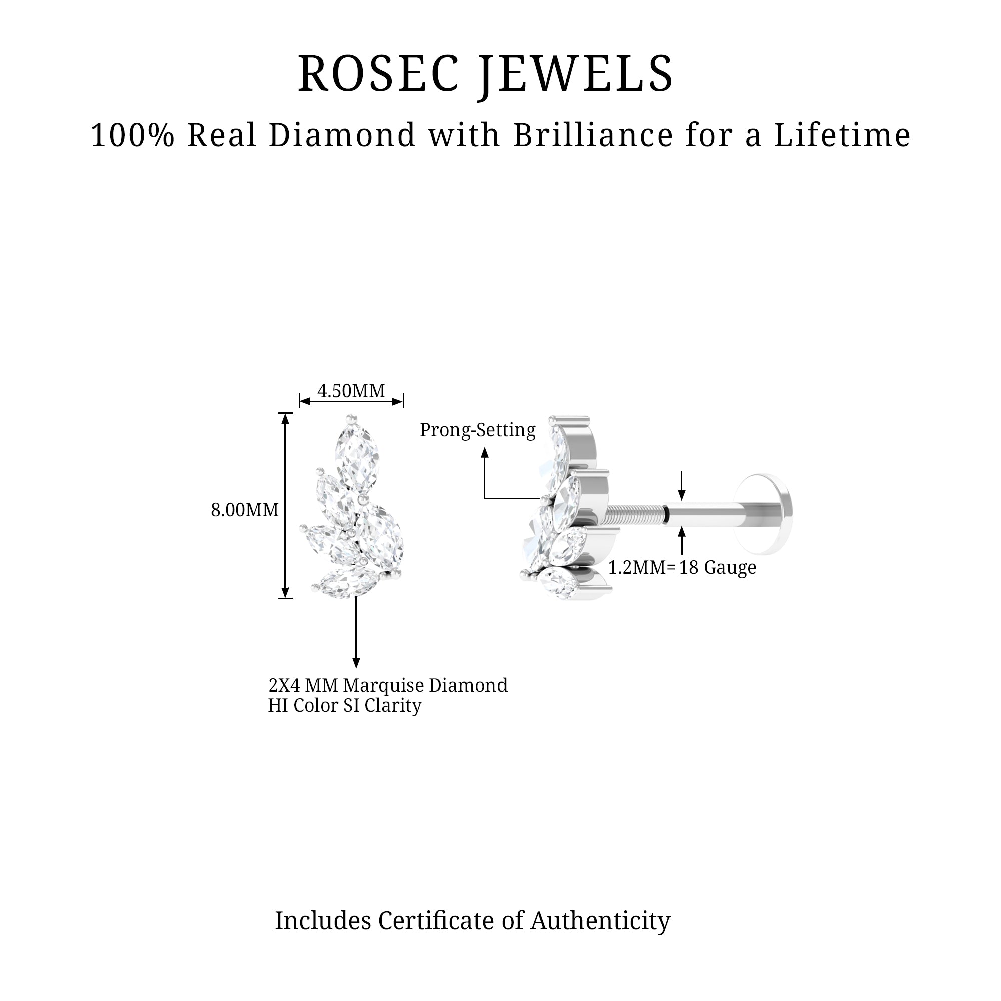 Nature Inspired Marquise Diamond Cluster Earring for Helix Natural - ( HI-SI ) - Rosec Jewels