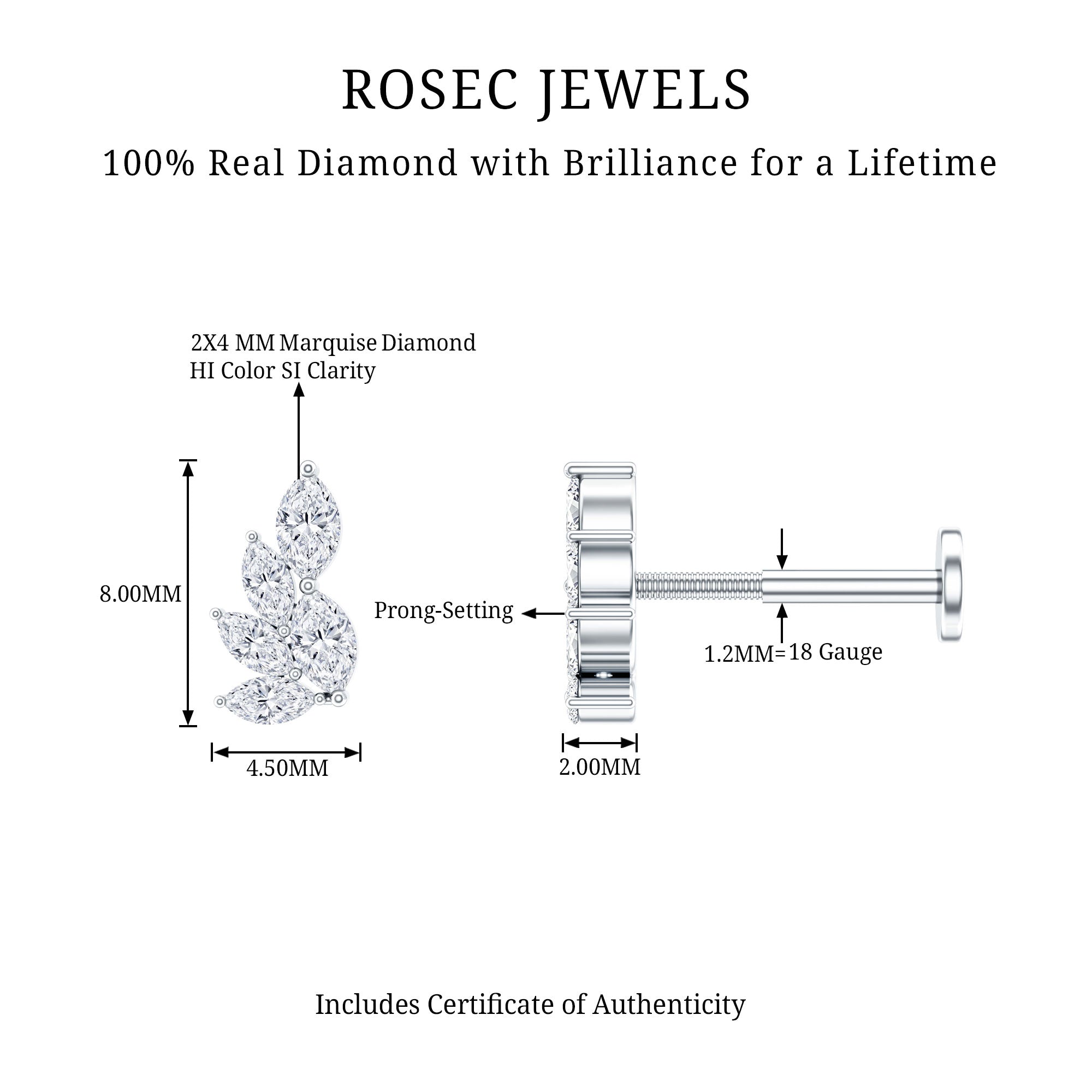 Nature Inspired Marquise Diamond Cluster Earring for Helix Natural - ( HI-SI ) - Rosec Jewels
