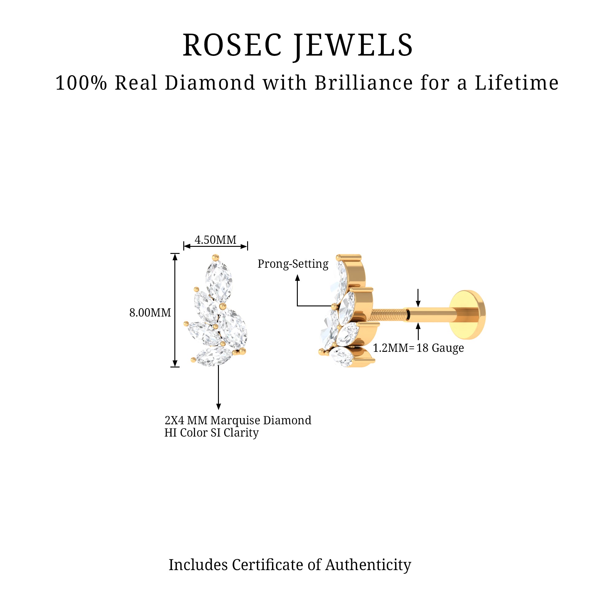 Nature Inspired Marquise Diamond Cluster Earring for Helix Natural - ( HI-SI ) - Rosec Jewels