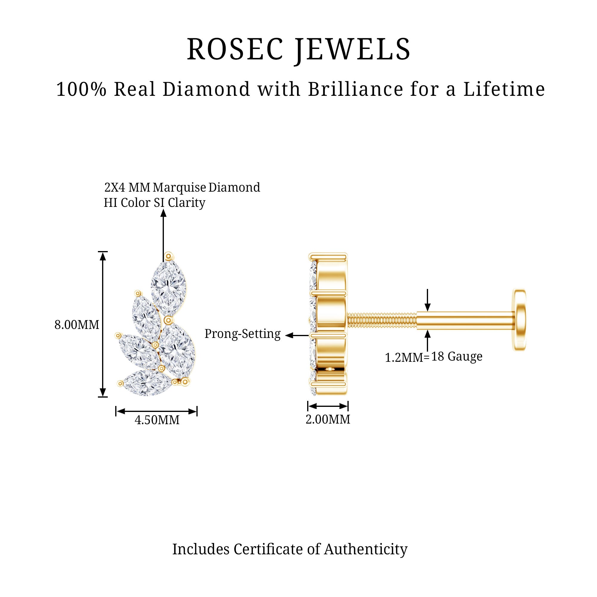 Nature Inspired Marquise Diamond Cluster Earring for Helix Natural - ( HI-SI ) - Rosec Jewels