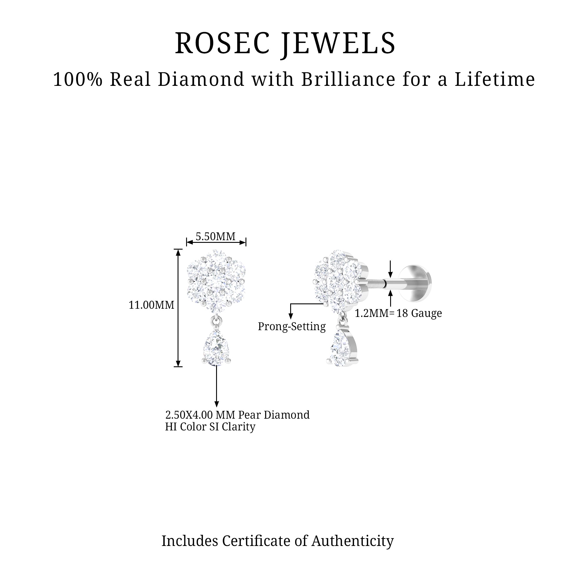 Elegant Diamond Flower Cartilage Drop Earring Natural - ( HI-SI ) - Rosec Jewels