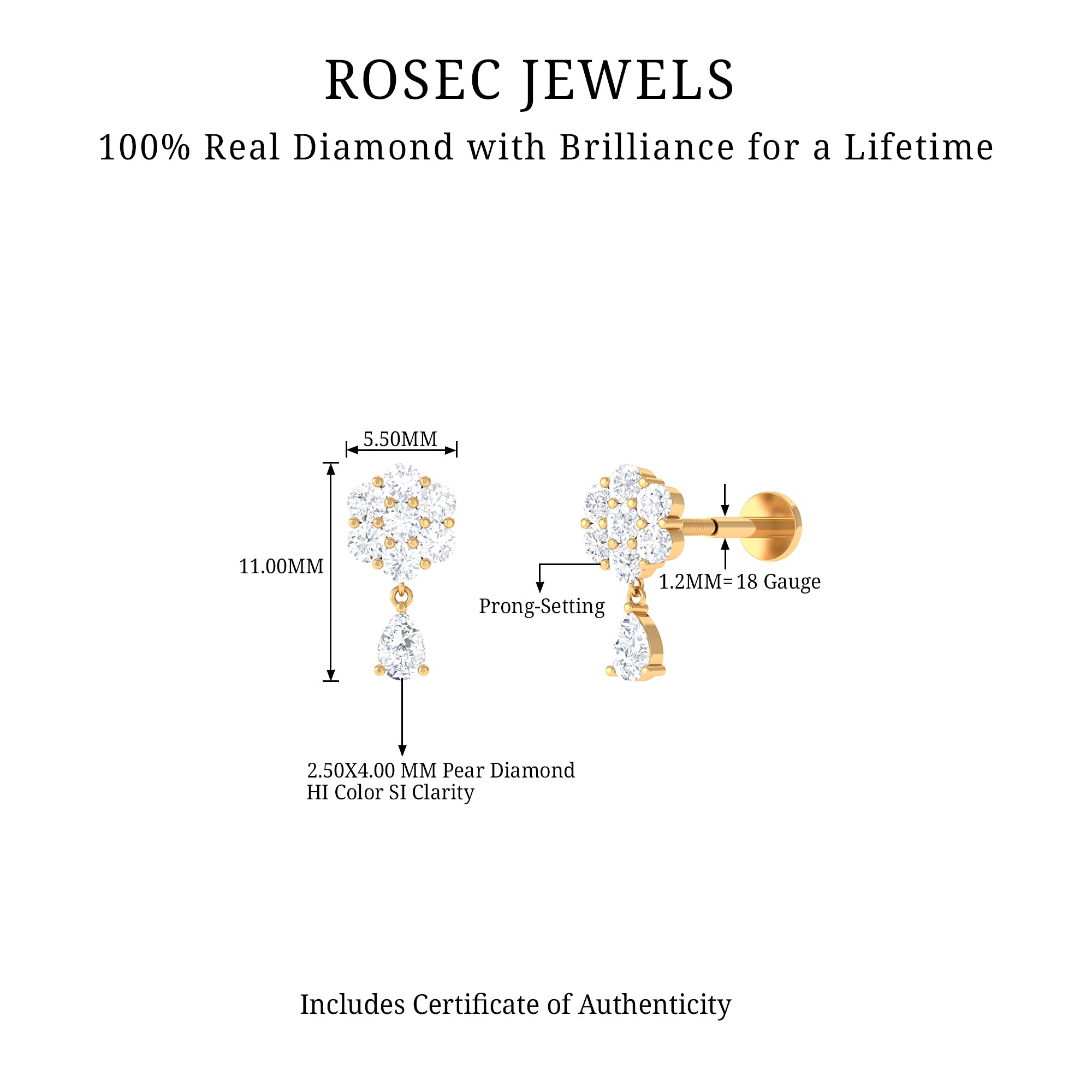 Elegant Diamond Flower Cartilage Drop Earring Natural - ( HI-SI ) - Rosec Jewels