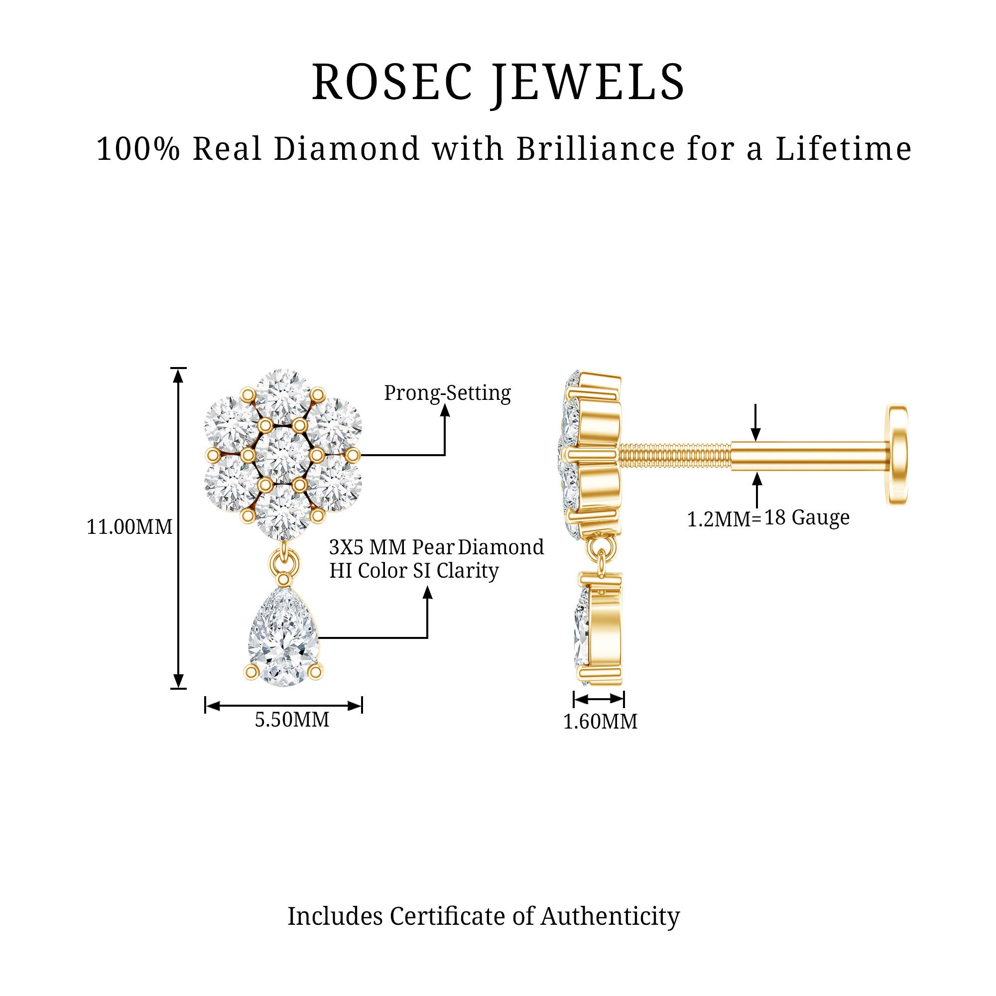 Elegant Diamond Flower Cartilage Drop Earring Natural - ( HI-SI ) - Rosec Jewels