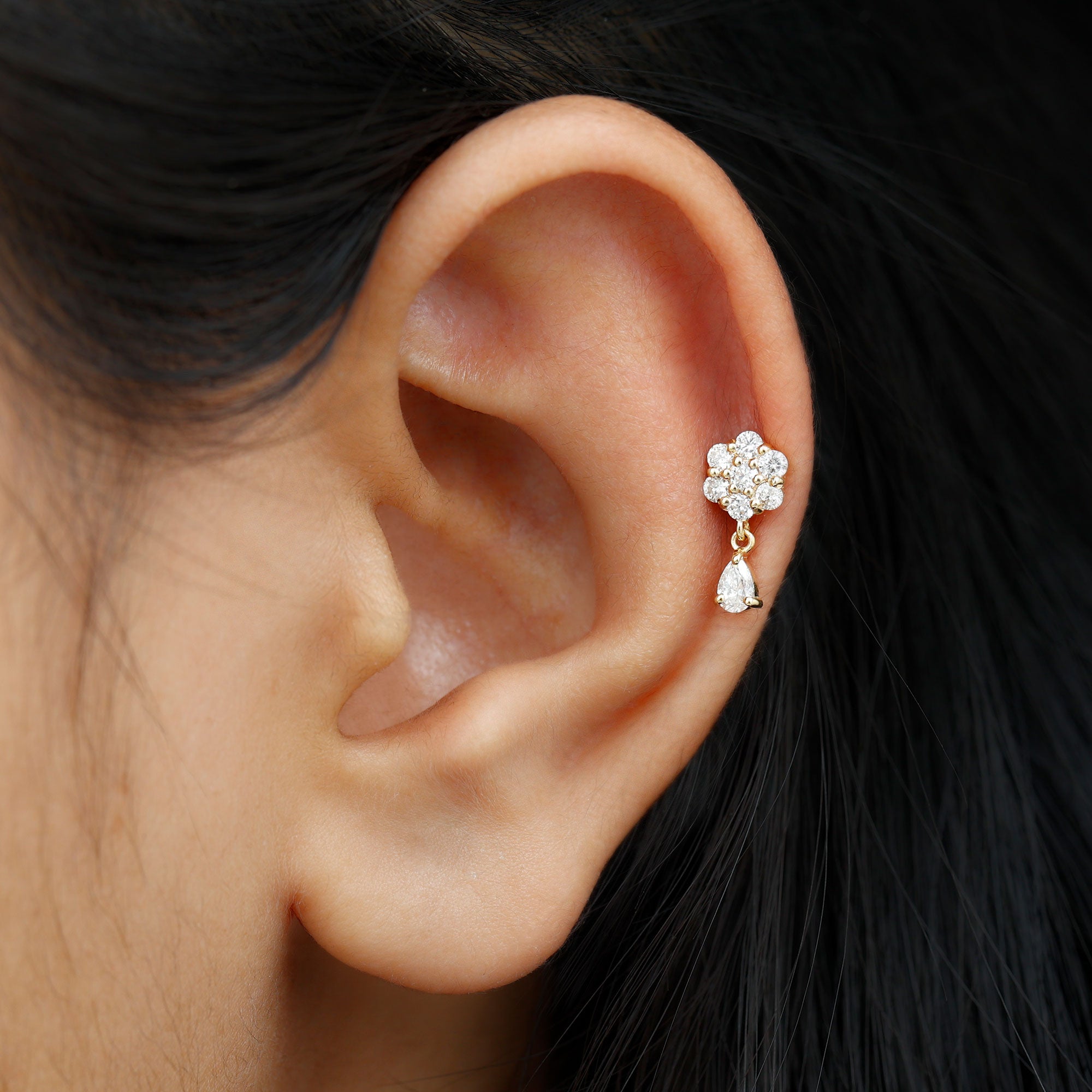 Elegant Diamond Flower Cartilage Drop Earring Natural - ( HI-SI ) - Rosec Jewels