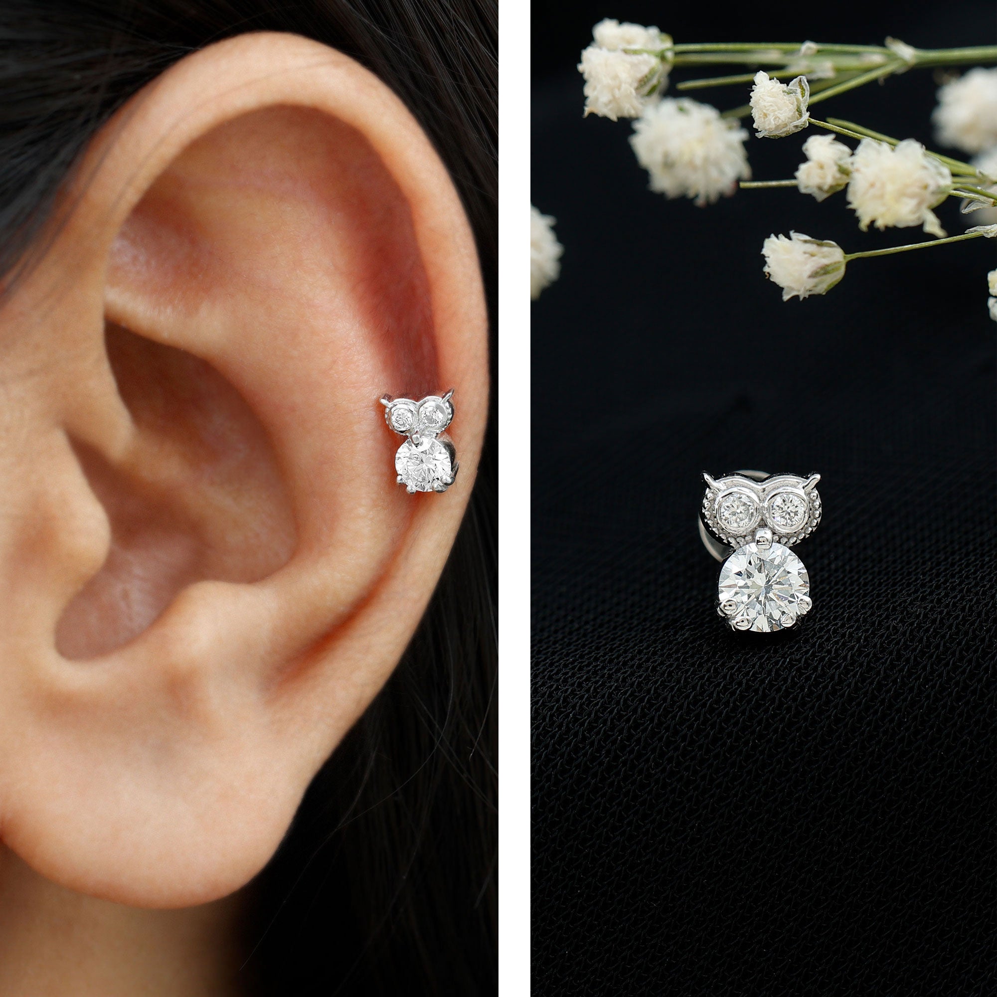 Diamond Owl Earring for Cartilage Piercing Natural - ( HI-SI ) - Rosec Jewels