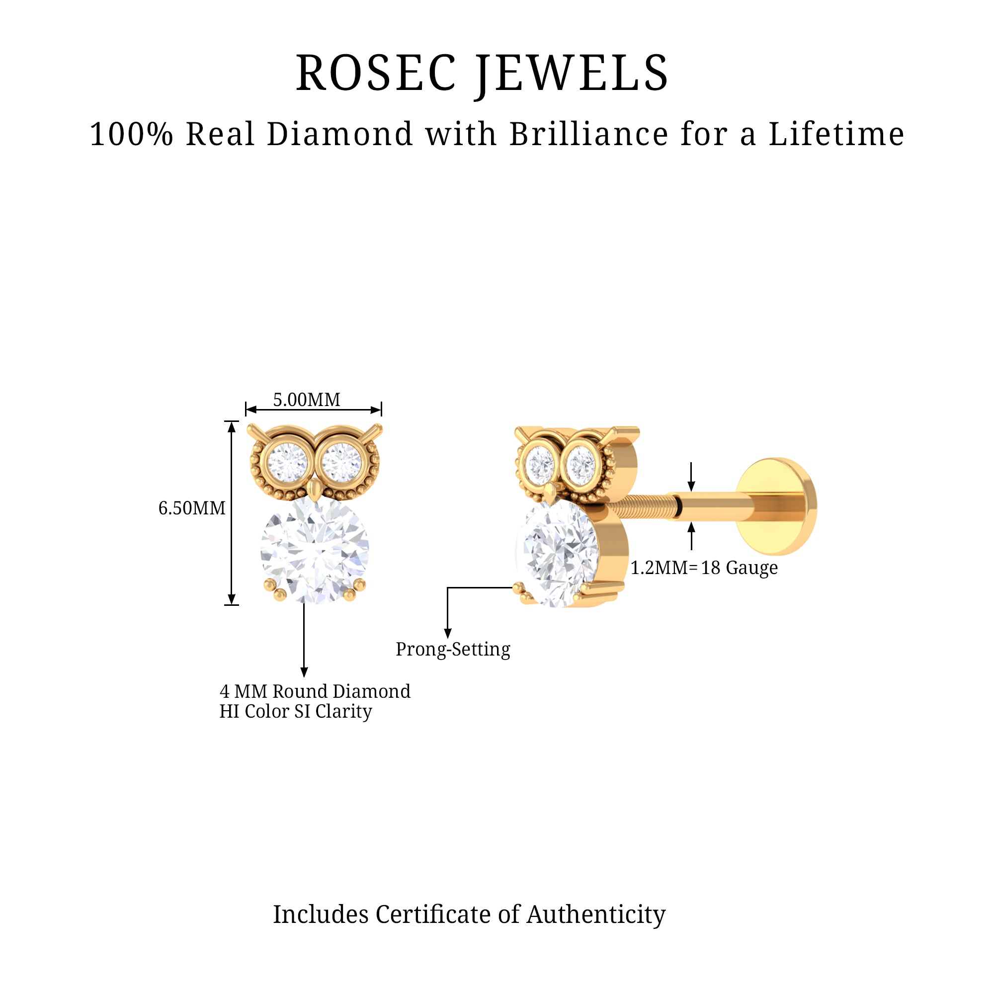 Diamond Owl Earring for Cartilage Piercing Natural - ( HI-SI ) - Rosec Jewels