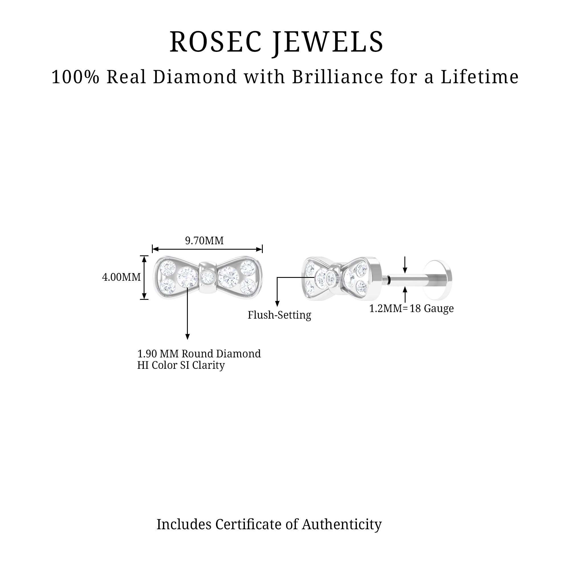 Diamonds Bow Cartilage Piercing Earring Natural - ( HI-SI ) - Rosec Jewels