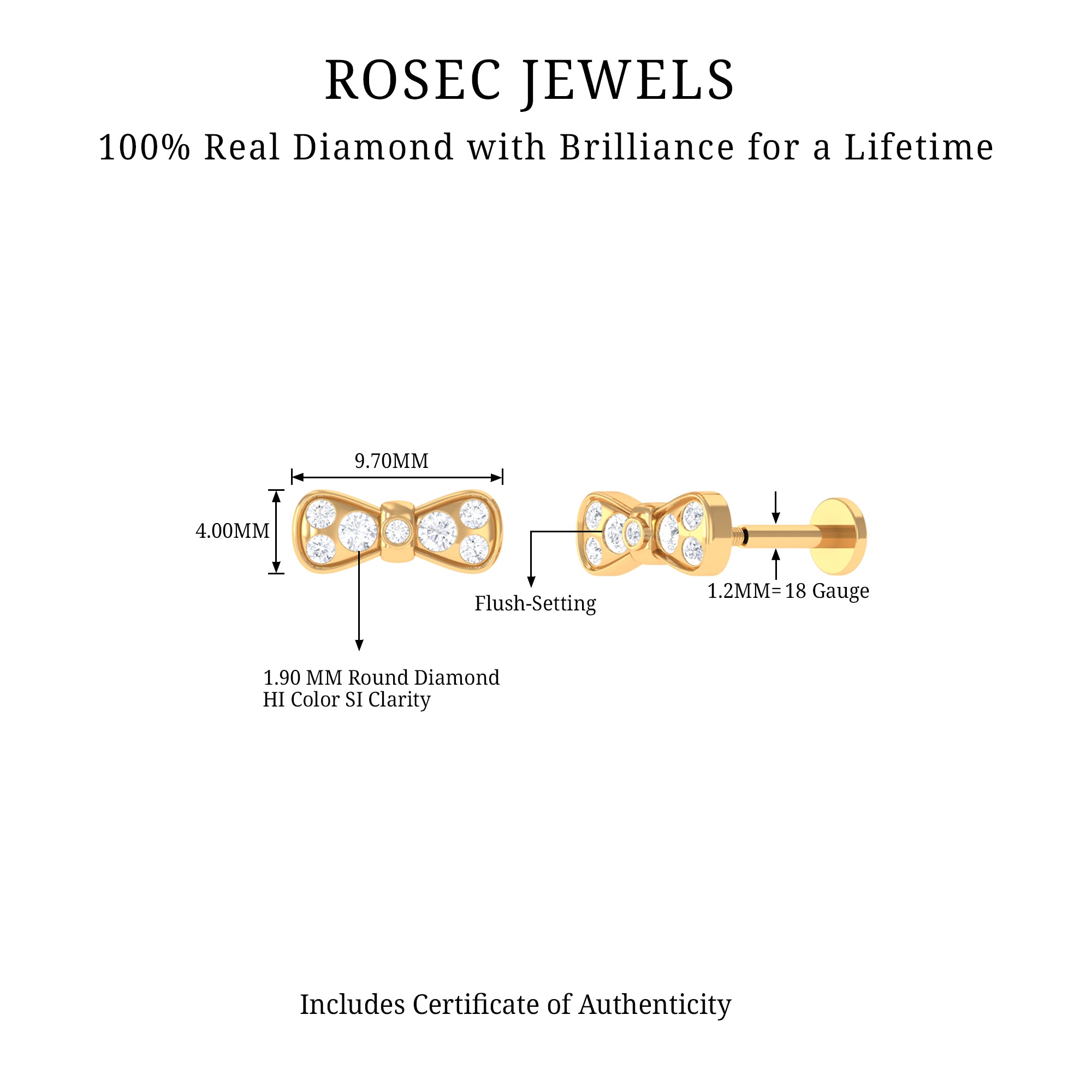 Diamonds Bow Cartilage Piercing Earring Natural - ( HI-SI ) - Rosec Jewels