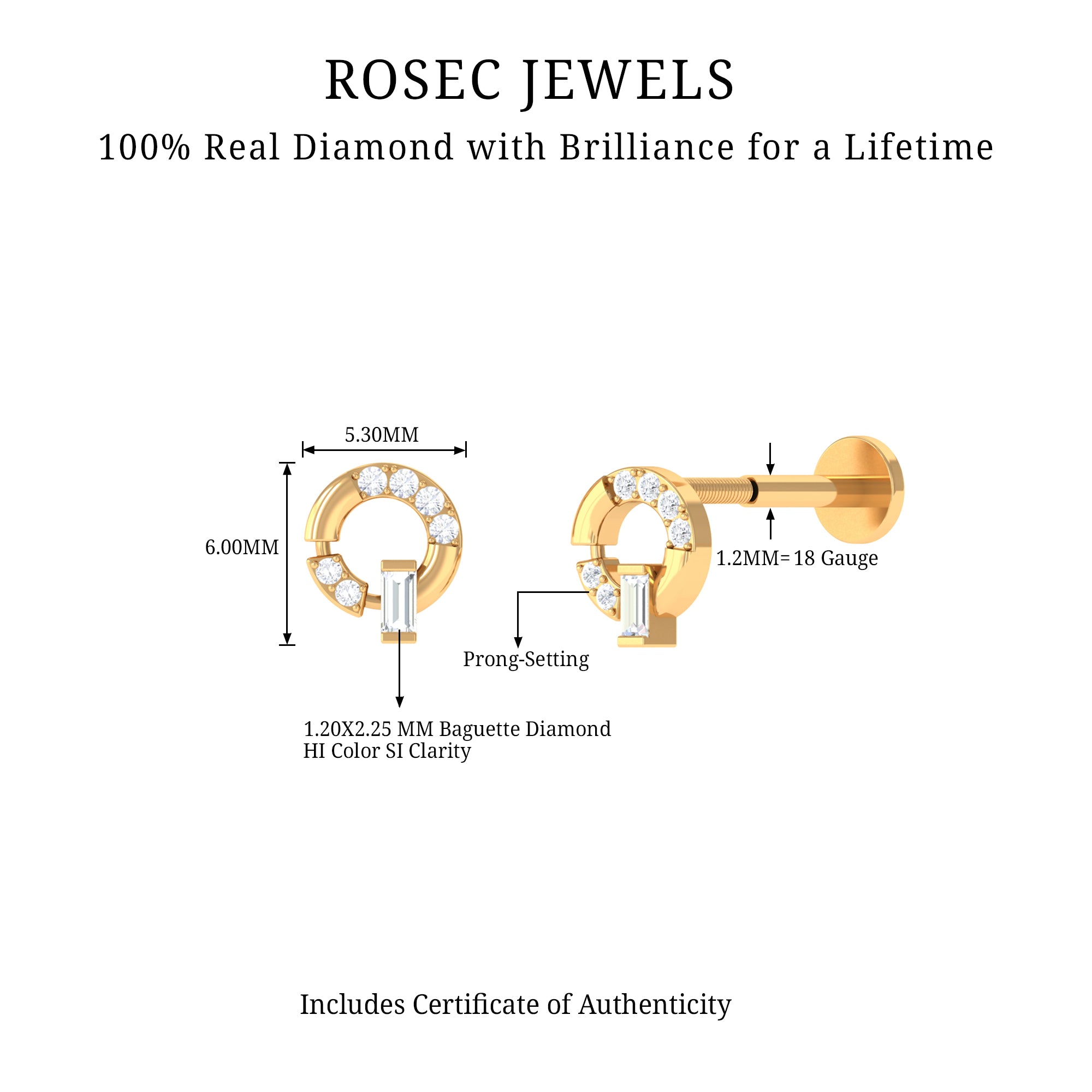 Natural Diamond Circle Earring for Helix Piercing Natural - ( HI-SI ) - Rosec Jewels