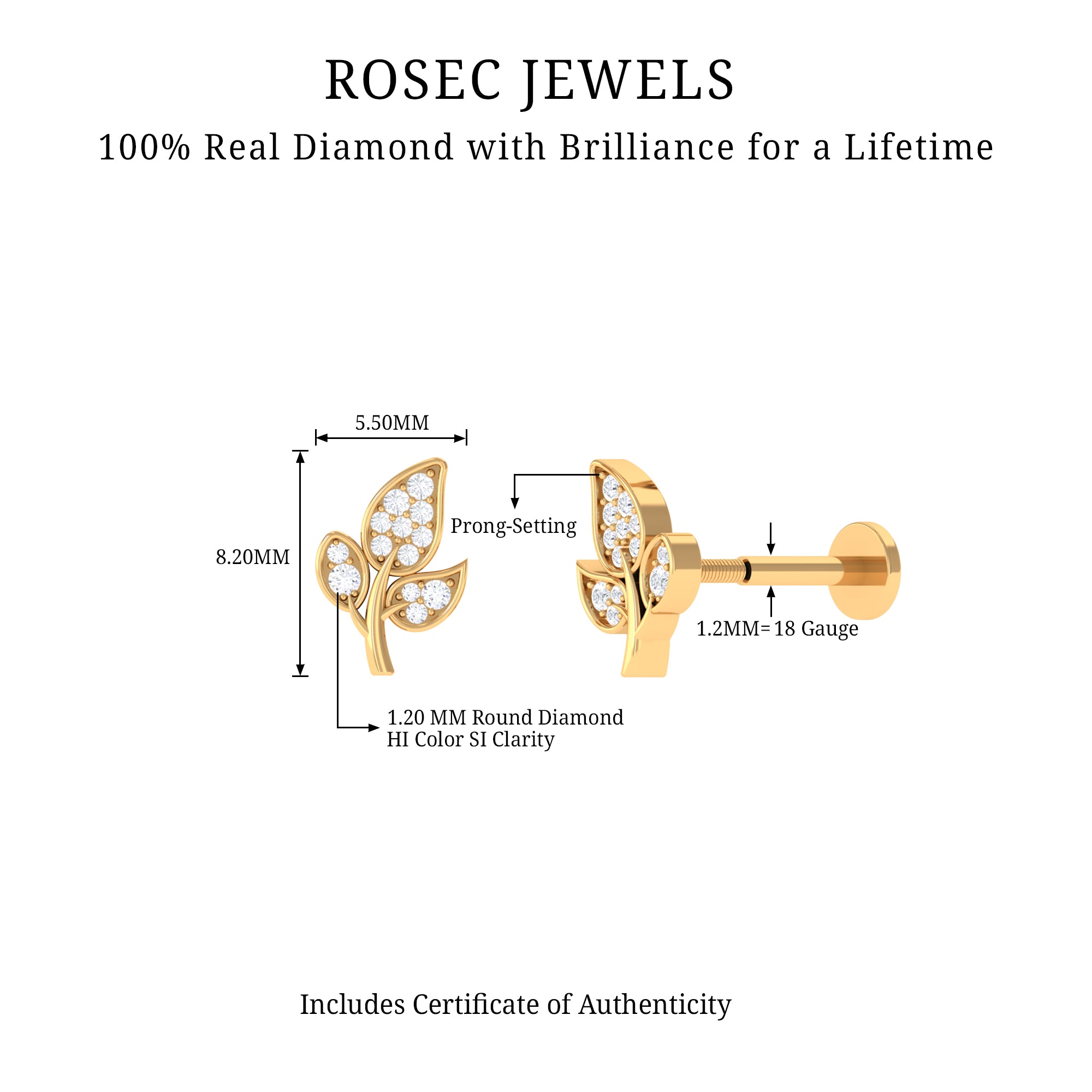 Diamond Leaf Flat Back Cartilage Stud Earring (18G) – Nature Inspired Helix & Tragus Jewelry in Gold Natural - ( HI-SI ) - Rosec Jewels