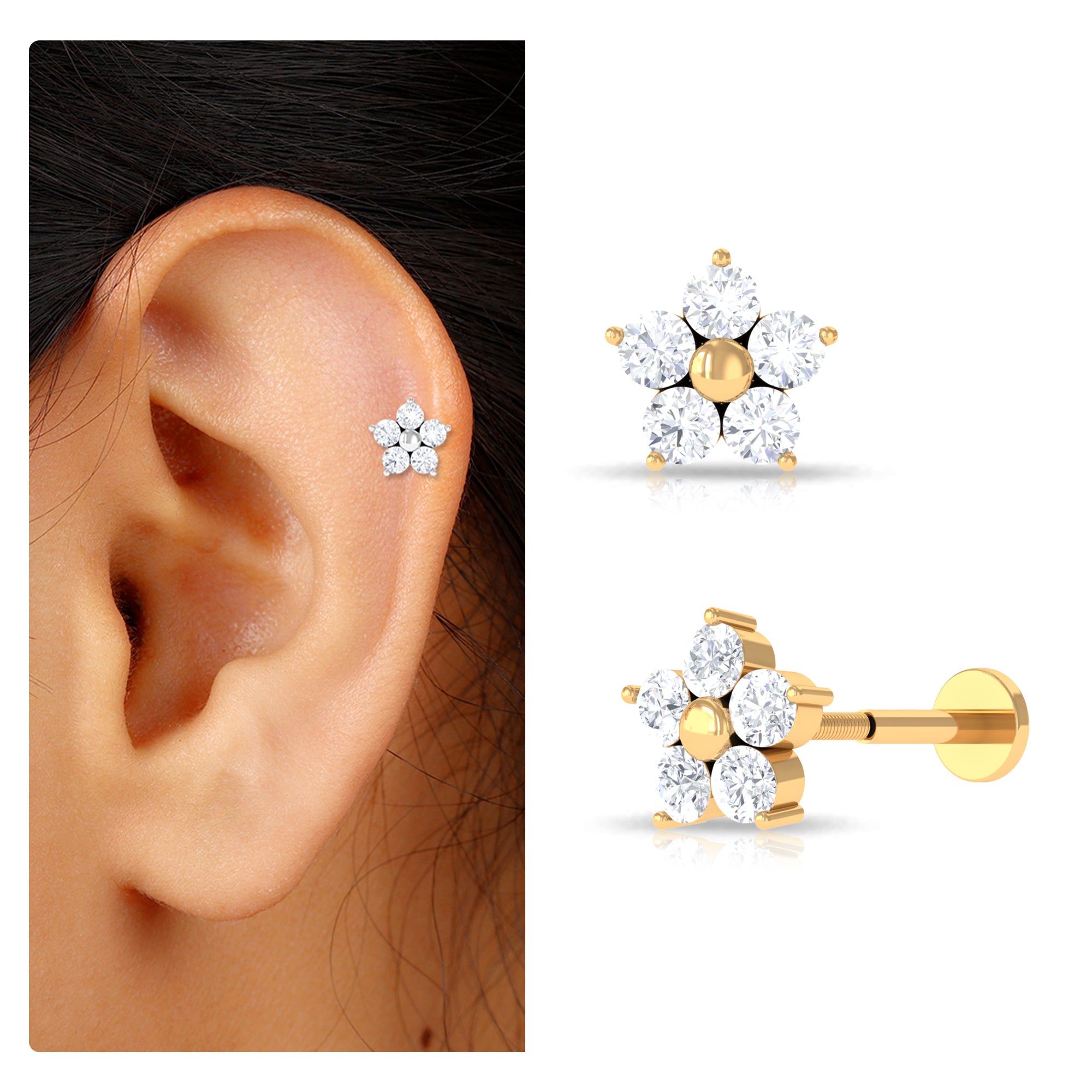 Nature Inspired Diamond Flower Earring for Tragus Piercing Natural - ( HI-SI ) - Rosec Jewels