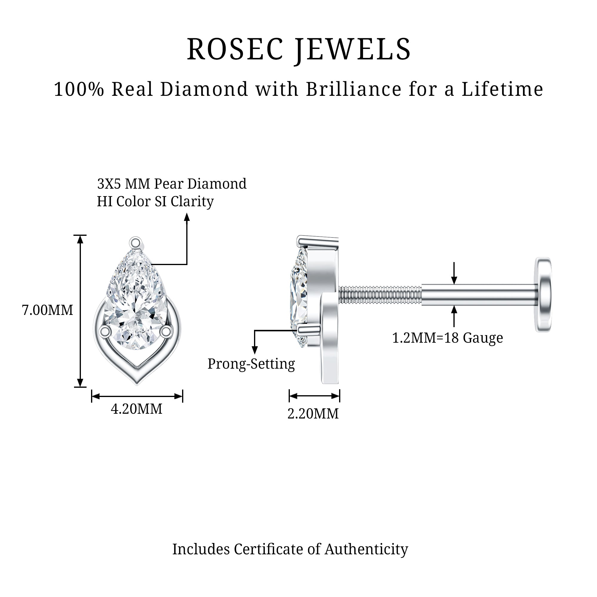 Pear Shape Diamond Solitaire Earring for Helix Piercing Natural - ( HI-SI ) - Rosec Jewels
