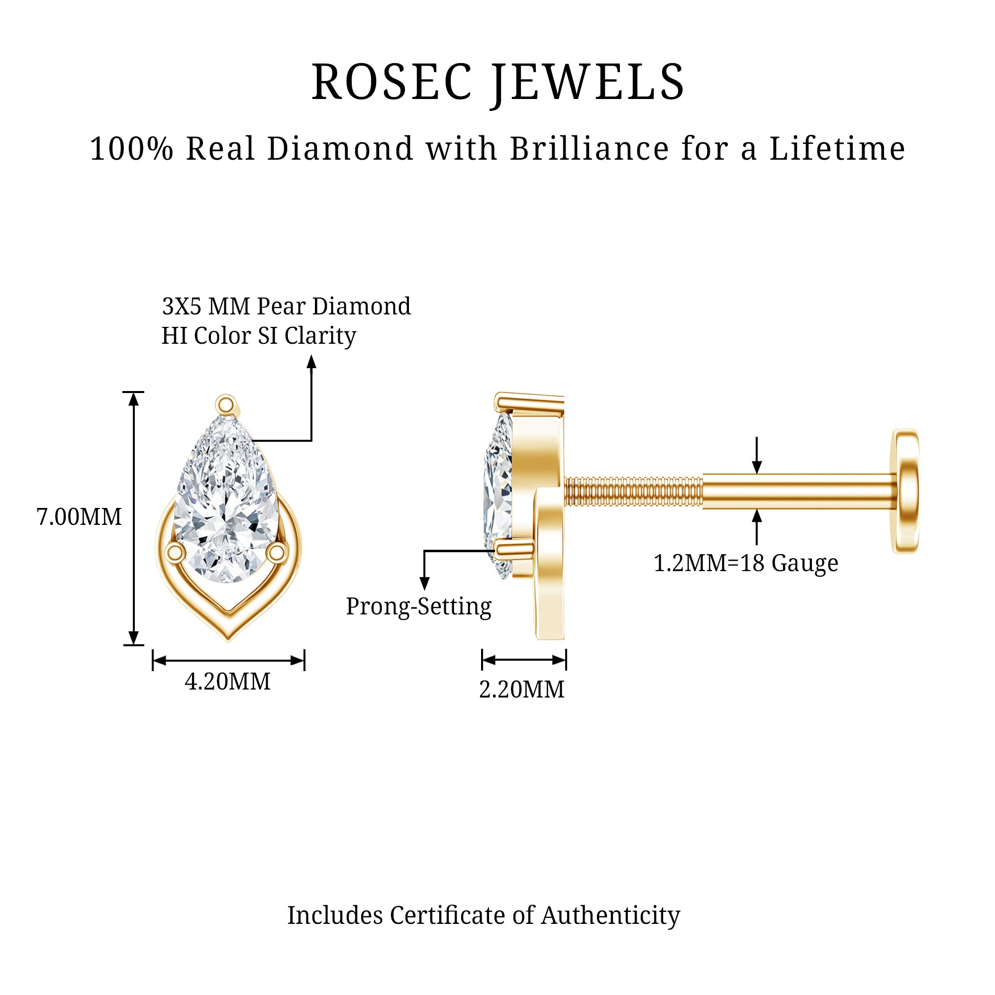 Pear Shape Diamond Solitaire Earring for Helix Piercing Natural - ( HI-SI ) - Rosec Jewels