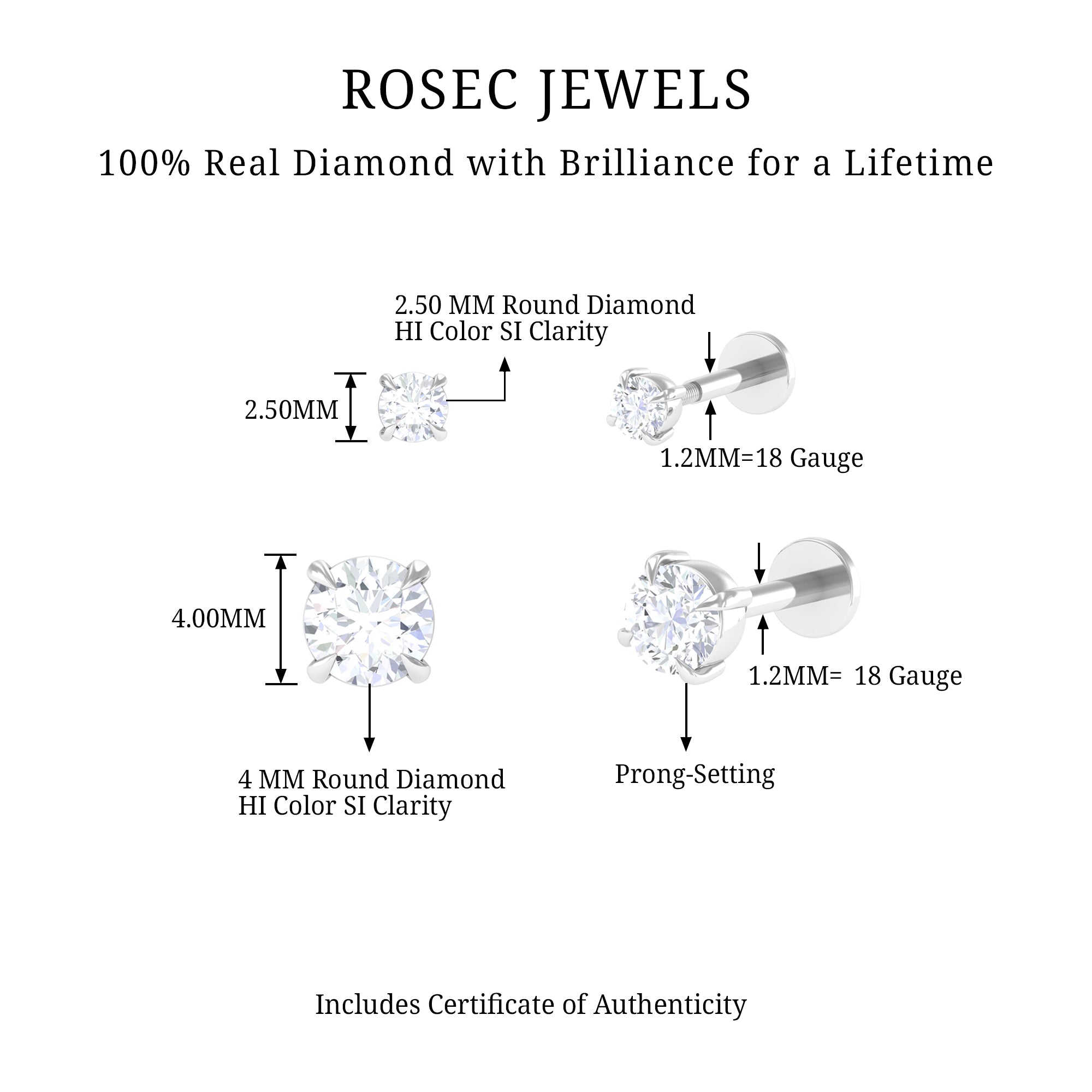 Brilliant Cut Diamond Solitaire Earring Set for Helix Piercing Natural - ( HI-SI ) - Rosec Jewels