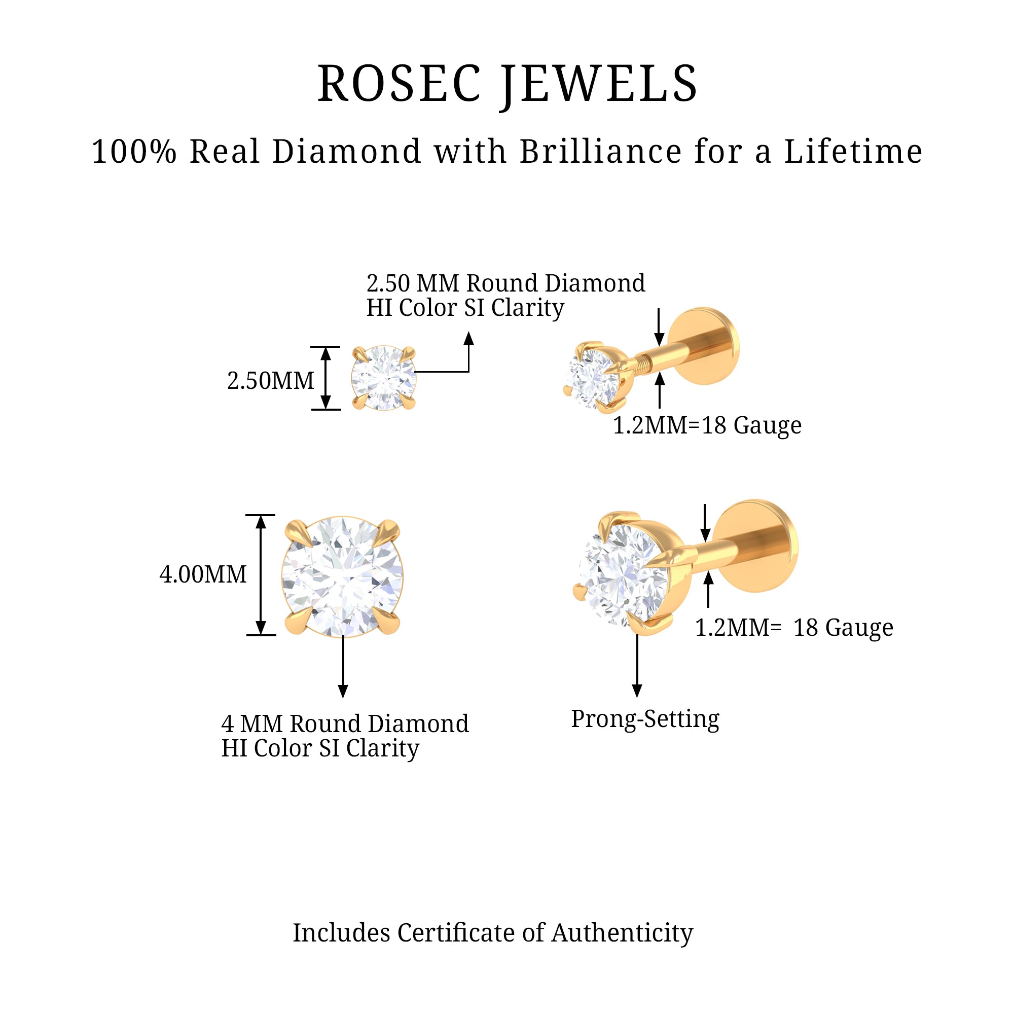 Rosec Jewels-Brilliant Cut Diamond Solitaire Earring Set for Helix Piercing