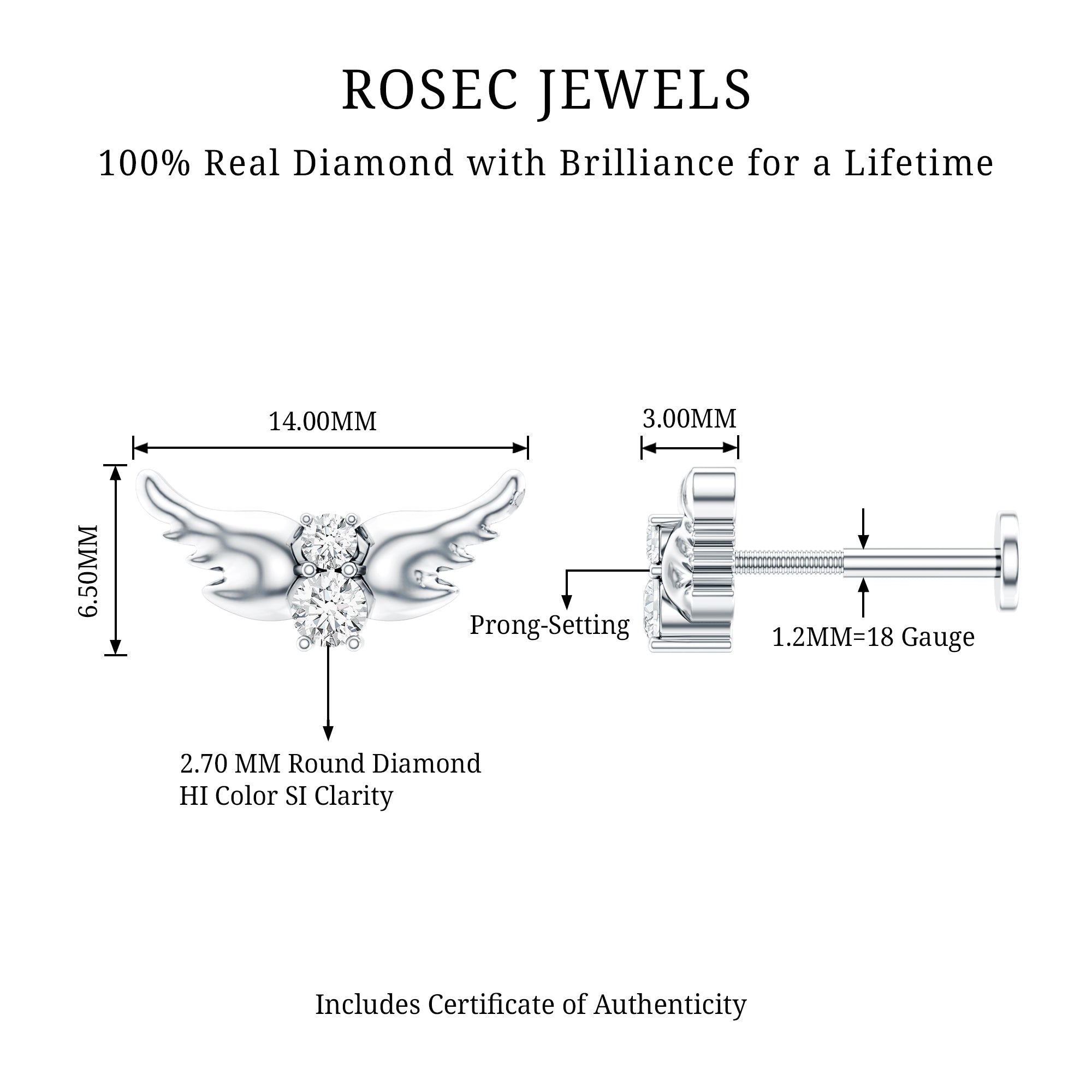 Animal Inspired Diamond Bird Earring for Helix Piercing Natural - ( HI-SI ) - Rosec Jewels