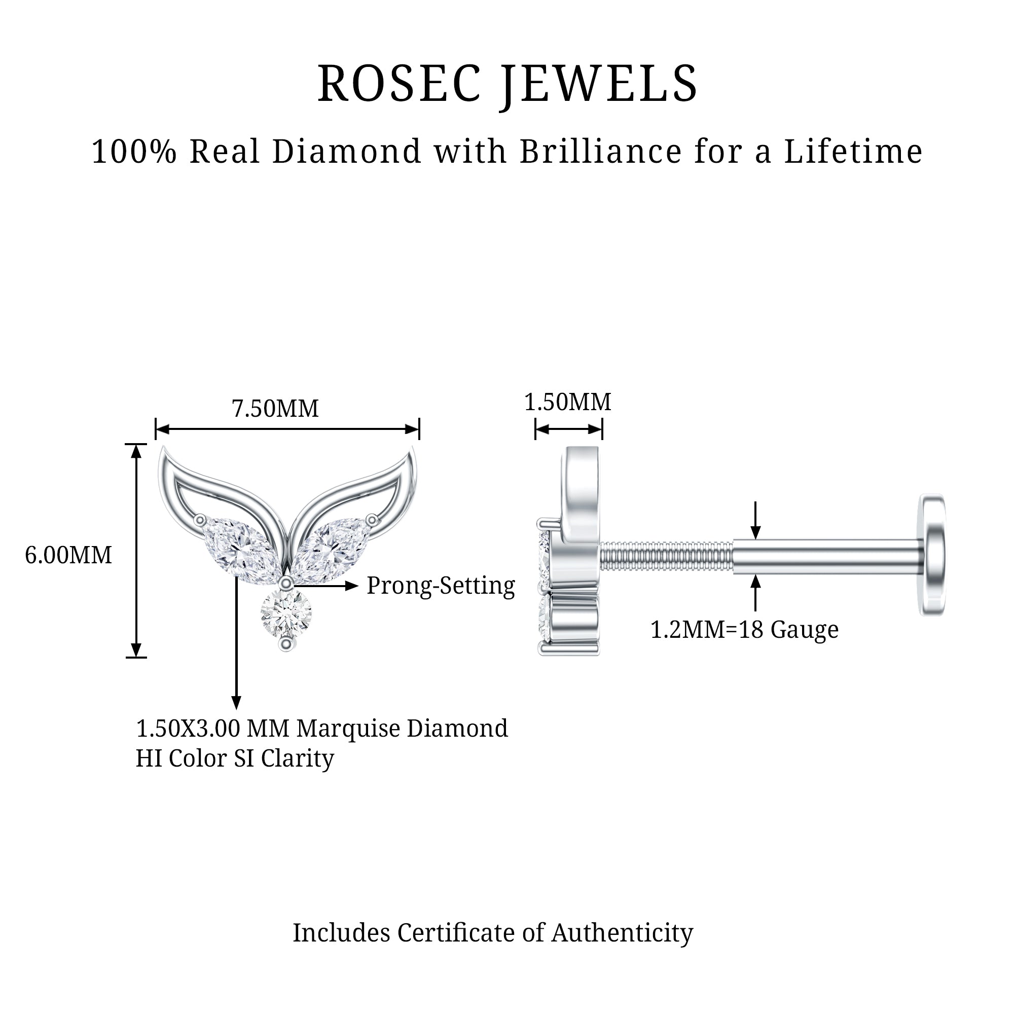 Marquise Diamond Leaf Earring for Cartilage Piercing Natural - ( HI-SI ) - Rosec Jewels