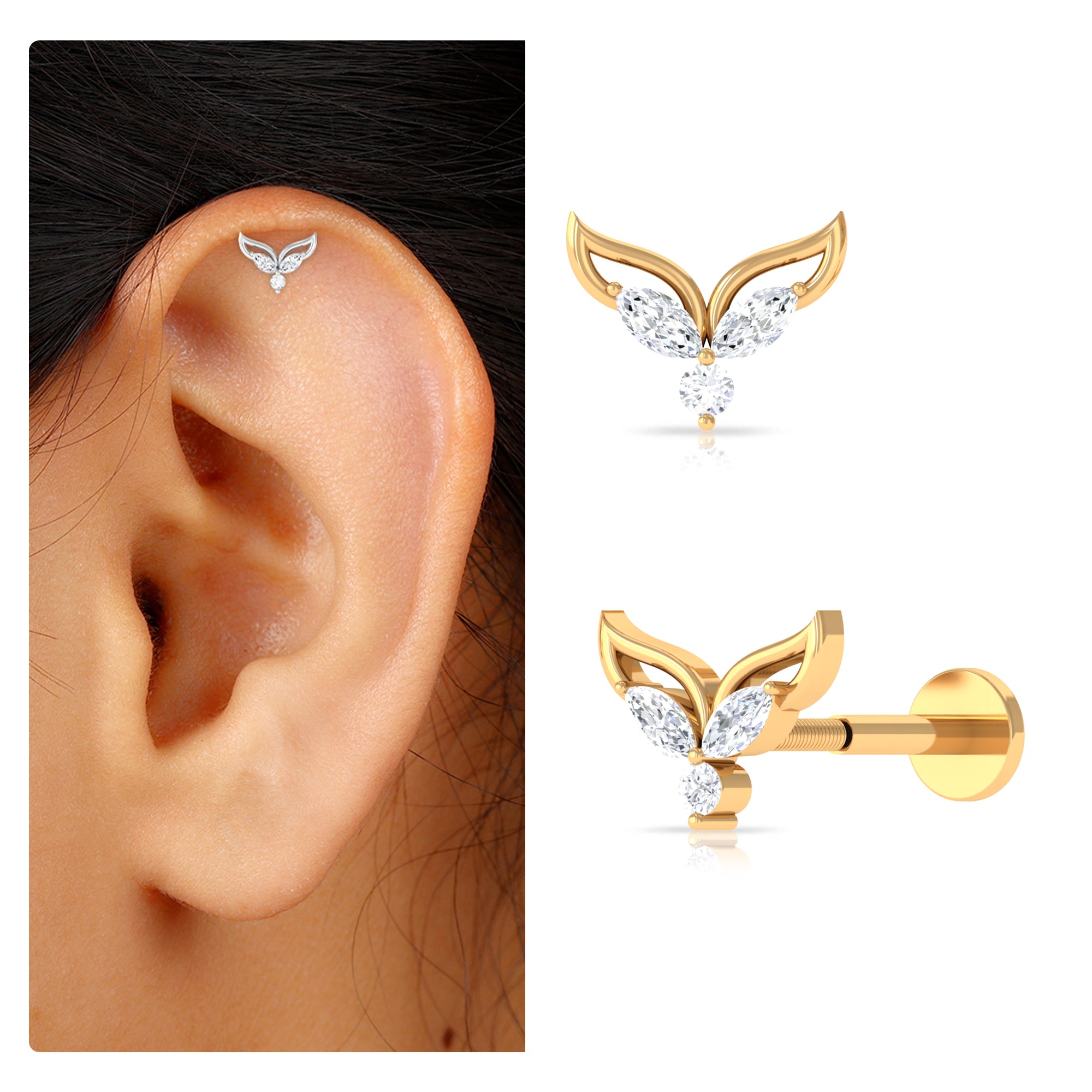 Marquise Diamond Leaf Earring for Cartilage Piercing Natural - ( HI-SI ) - Rosec Jewels