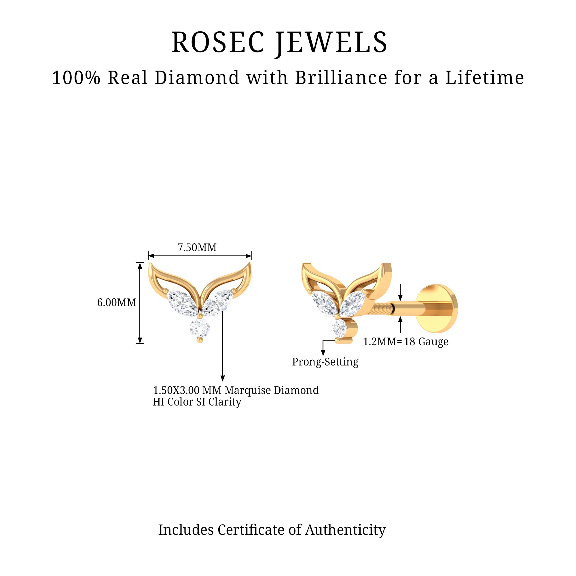 Marquise Diamond Leaf Earring for Cartilage Piercing Natural - ( HI-SI ) - Rosec Jewels