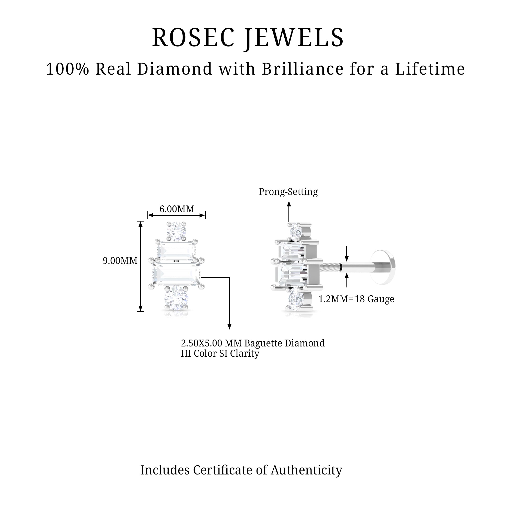 Double Baguette Diamond Cartilage Piercing Earring Natural - ( HI-SI ) - Rosec Jewels