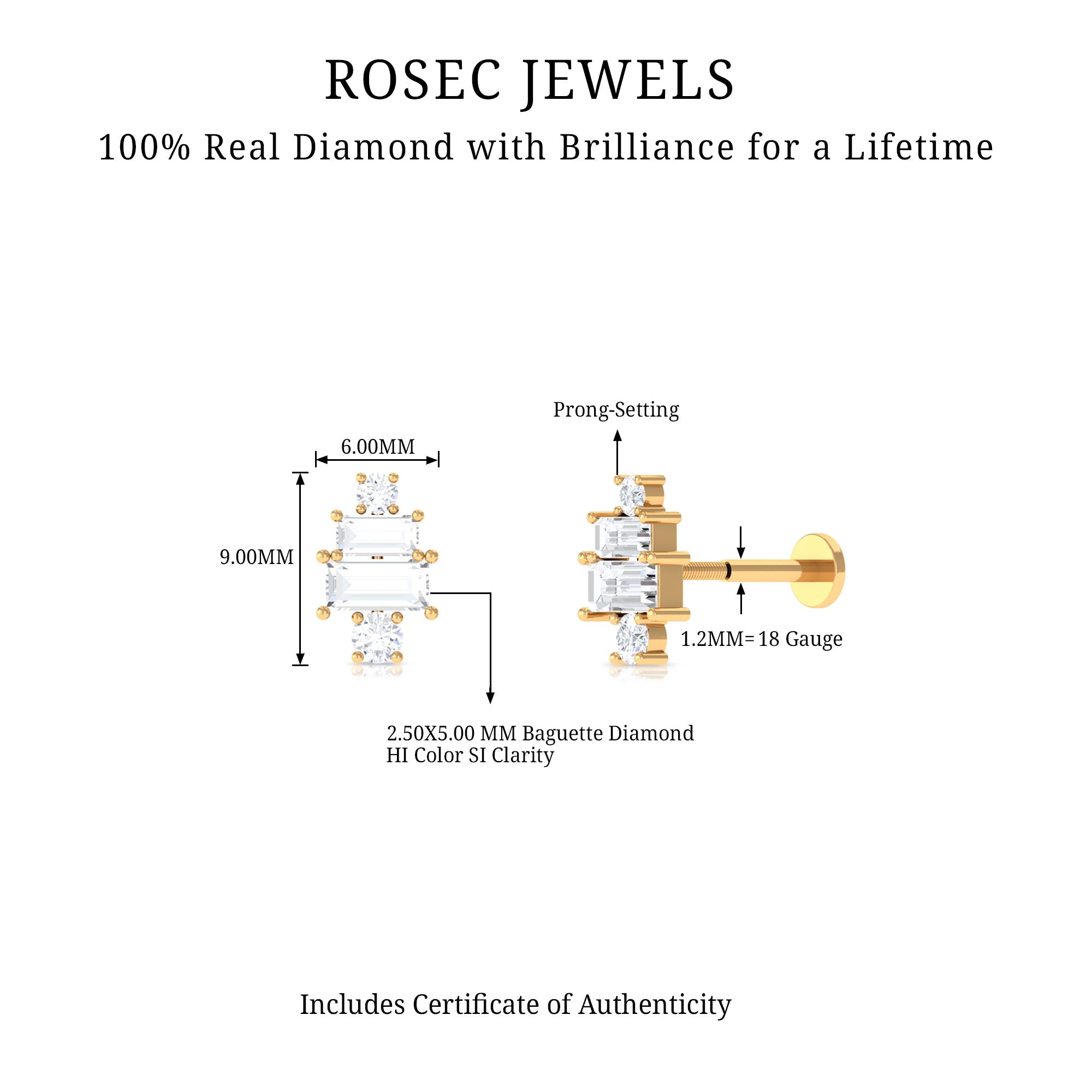 Double Baguette Diamond Cartilage Piercing Earring Natural - ( HI-SI ) - Rosec Jewels