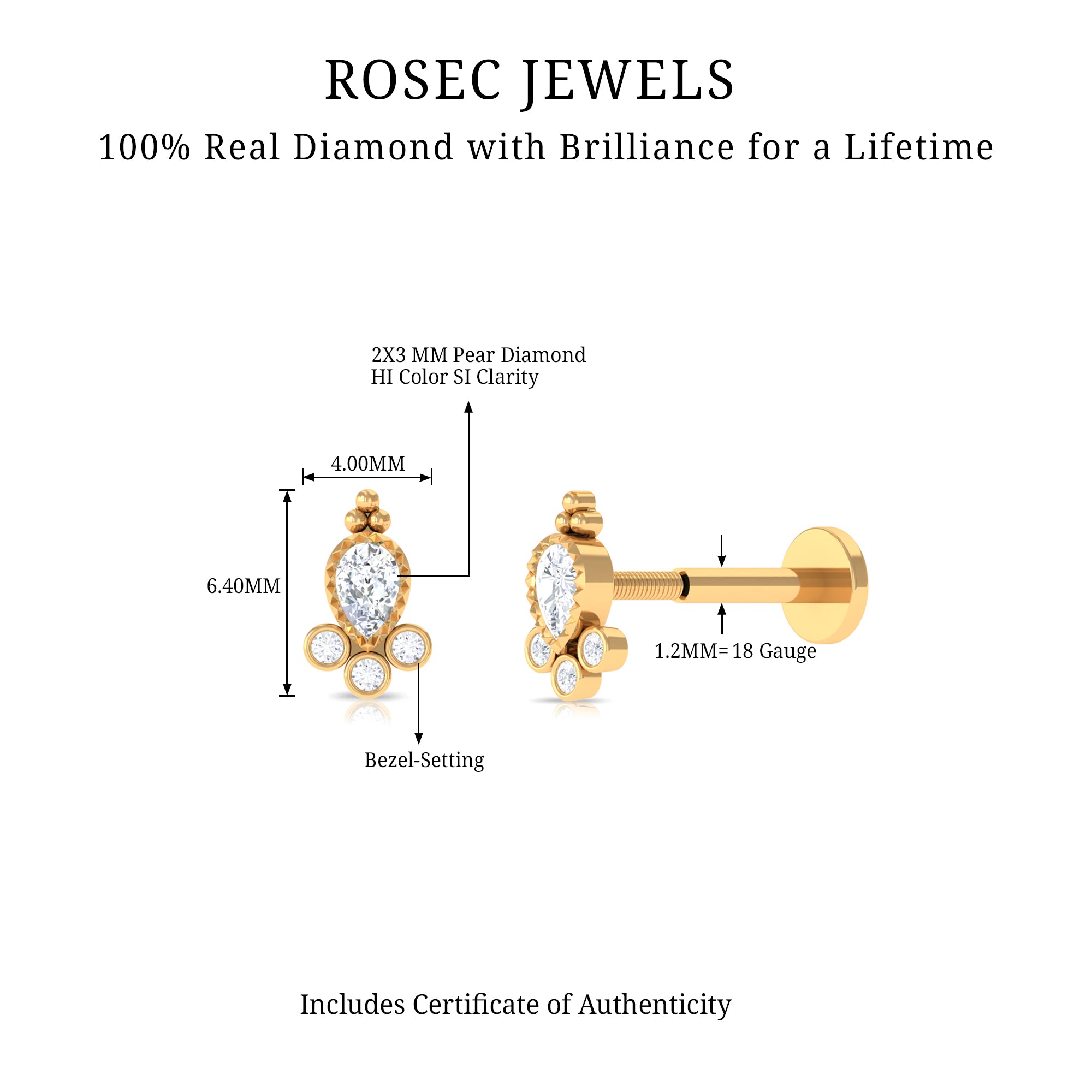 Minimal Diamond Tragus Earring in Beaded Bezel Setting Natural - ( HI-SI ) - Rosec Jewels